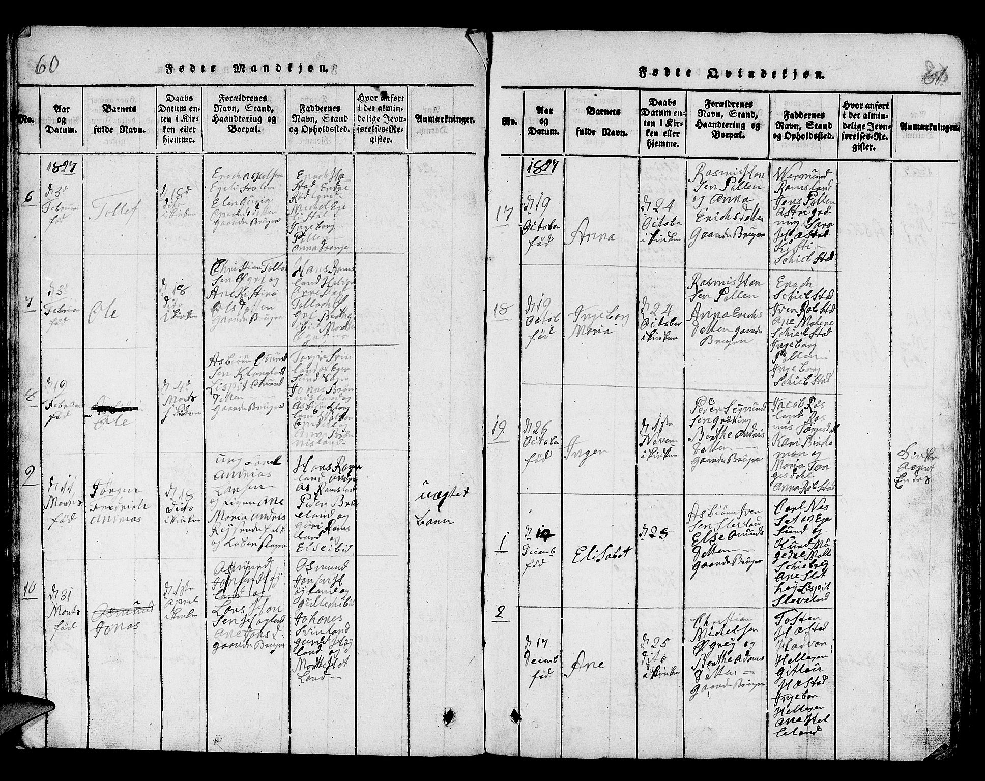 Helleland sokneprestkontor, AV/SAST-A-101810: Parish register (copy) no. B 1, 1815-1841, p. 60-61