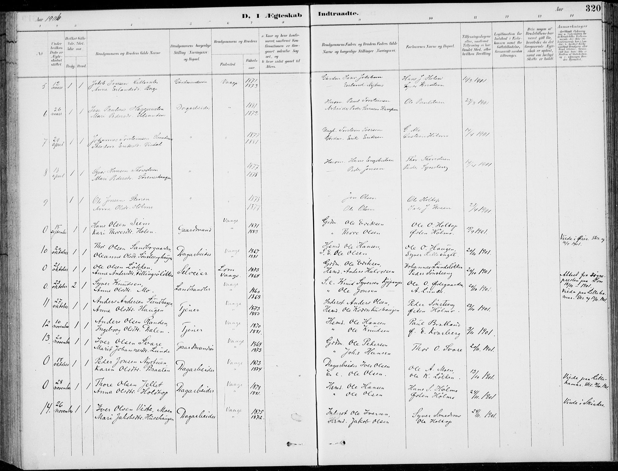Vågå prestekontor, SAH/PREST-076/H/Ha/Hab/L0002: Parish register (copy) no. 2, 1894-1939, p. 320