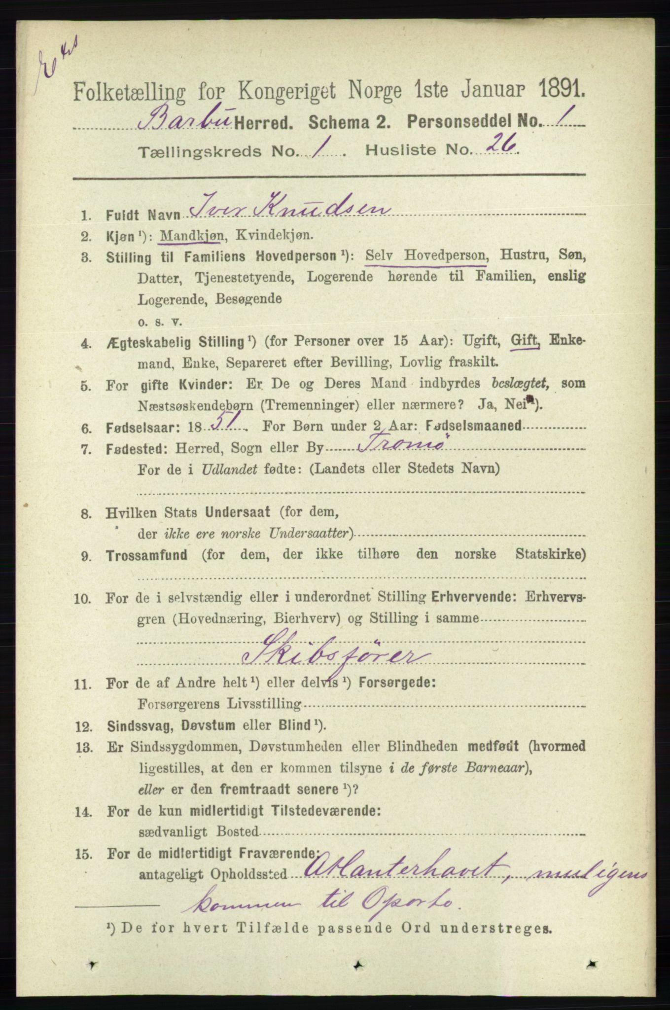 RA, Census 1891 for Nedenes amt: Gjenparter av personsedler for beslektede ektefeller, menn, 1891, p. 506