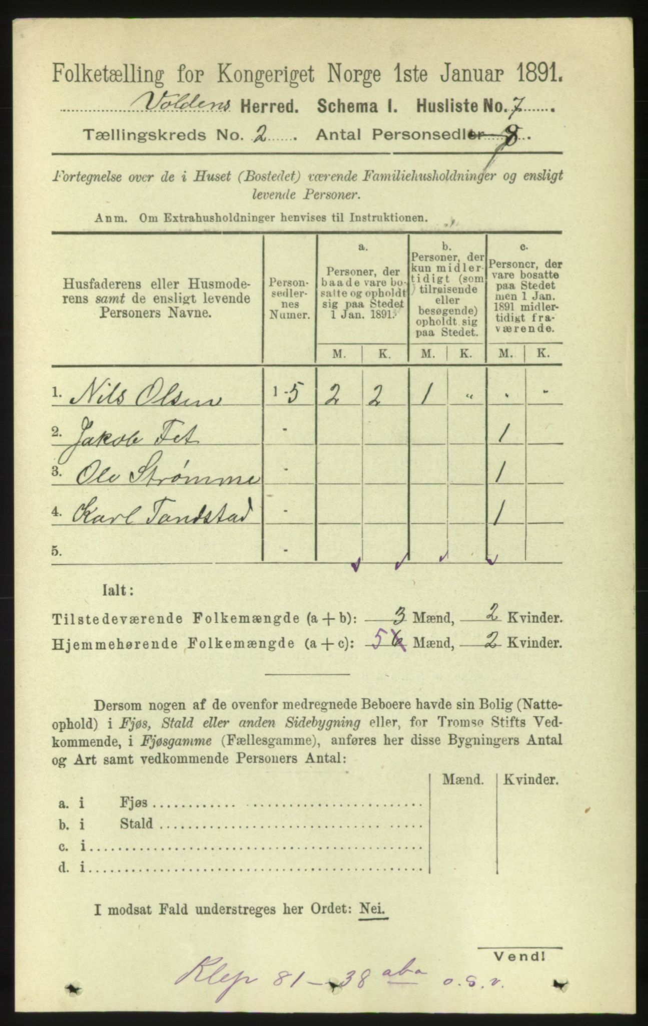 RA, 1891 census for 1519 Volda, 1891, p. 607