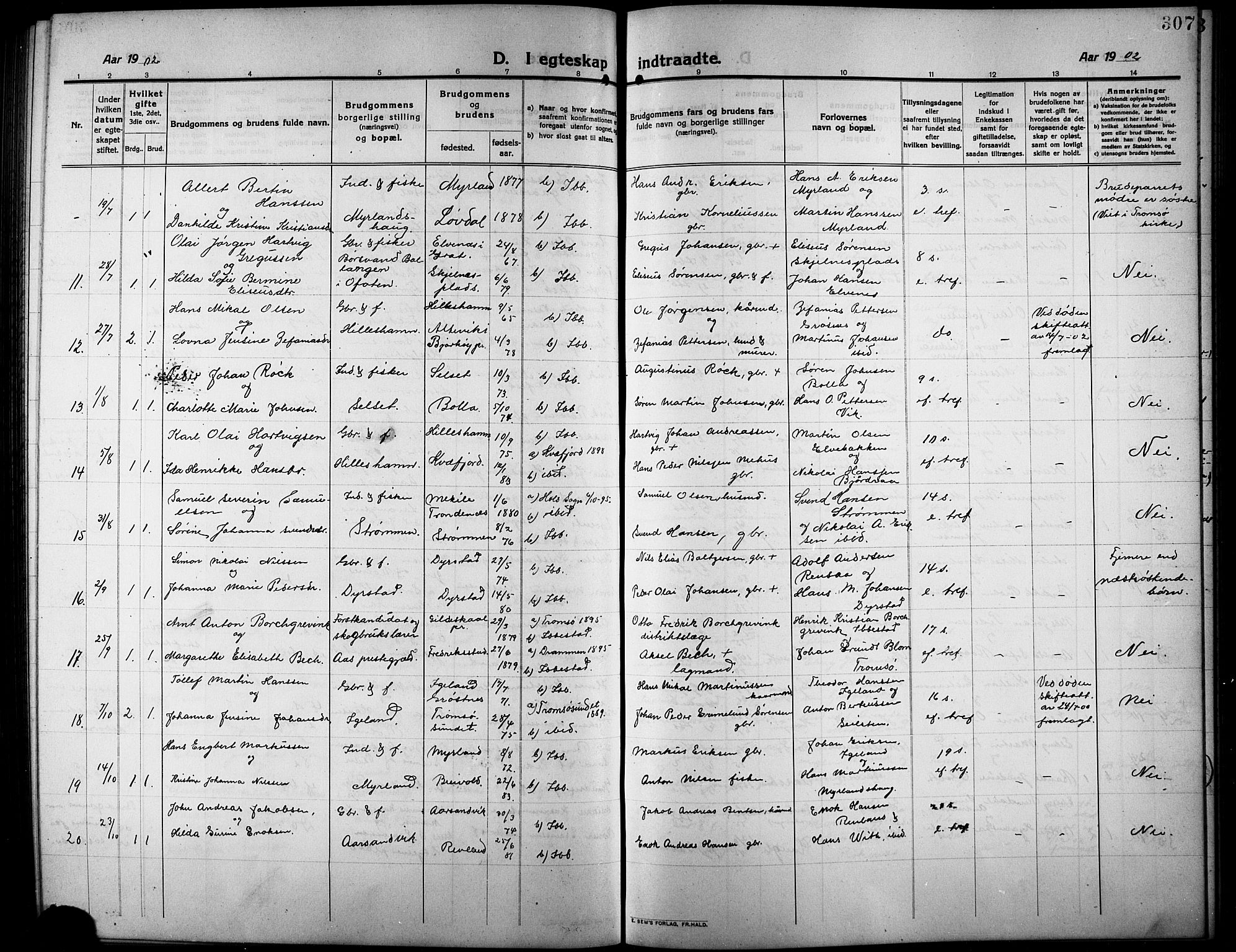 Ibestad sokneprestembete, SATØ/S-0077/H/Ha/Hab/L0009klokker: Parish register (copy) no. 9, 1902-1914, p. 307