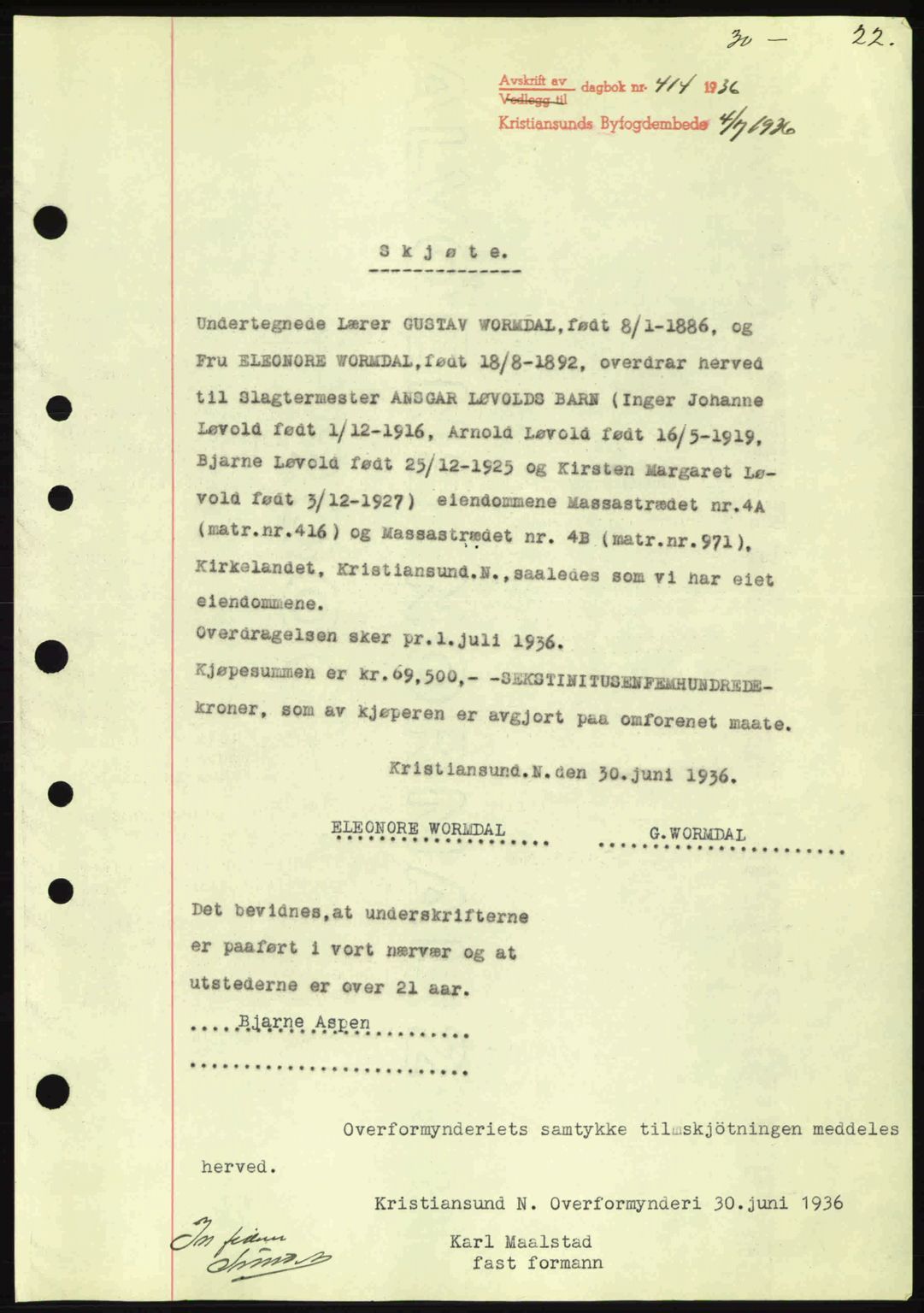Kristiansund byfogd, AV/SAT-A-4587/A/27: Mortgage book no. 30, 1936-1941, Diary no: : 414/1936