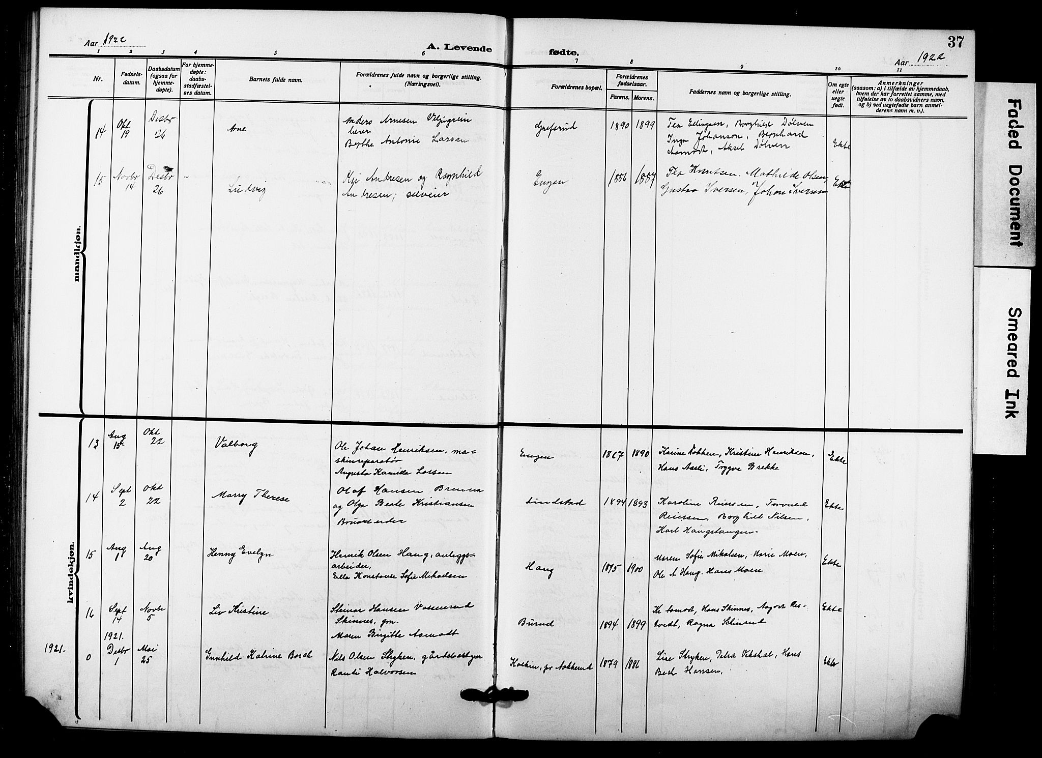 Hole kirkebøker, AV/SAKO-A-228/G/Gb/L0005: Parish register (copy) no. II 5, 1915-1932, p. 37