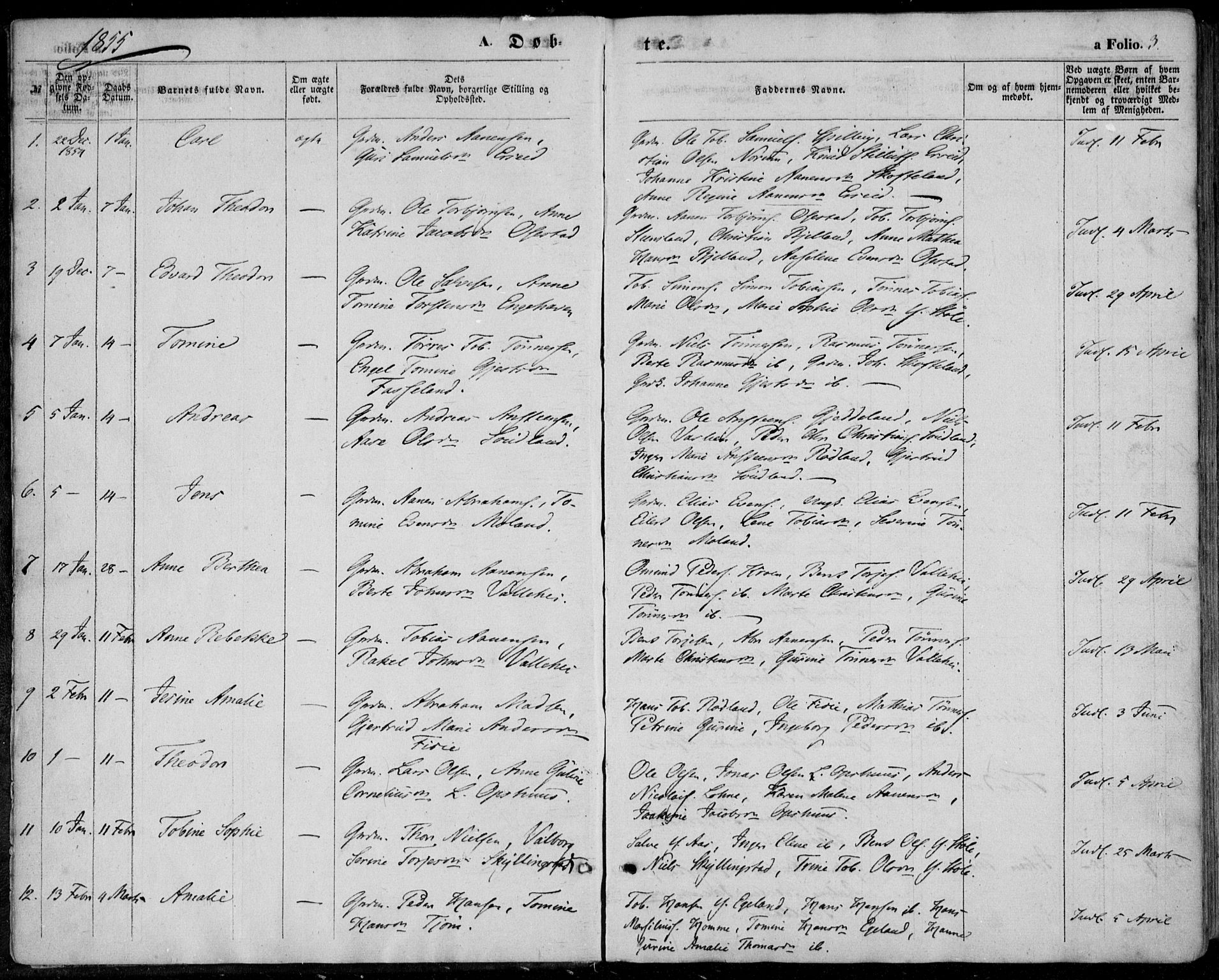 Sør-Audnedal sokneprestkontor, AV/SAK-1111-0039/F/Fa/Fab/L0007: Parish register (official) no. A 7, 1855-1876, p. 3