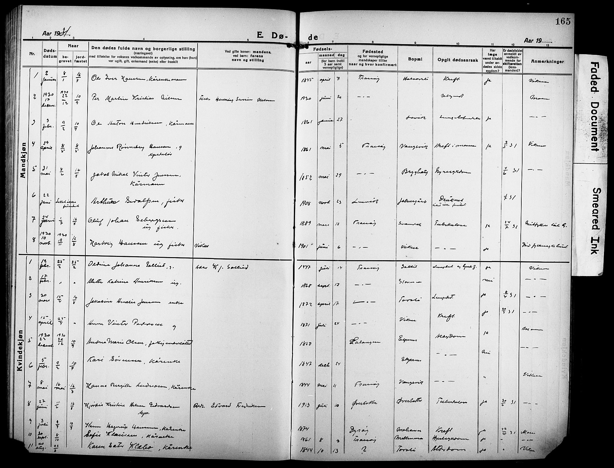 Tranøy sokneprestkontor, SATØ/S-1313/I/Ia/Iab/L0006klokker: Parish register (copy) no. 6, 1919-1932, p. 165