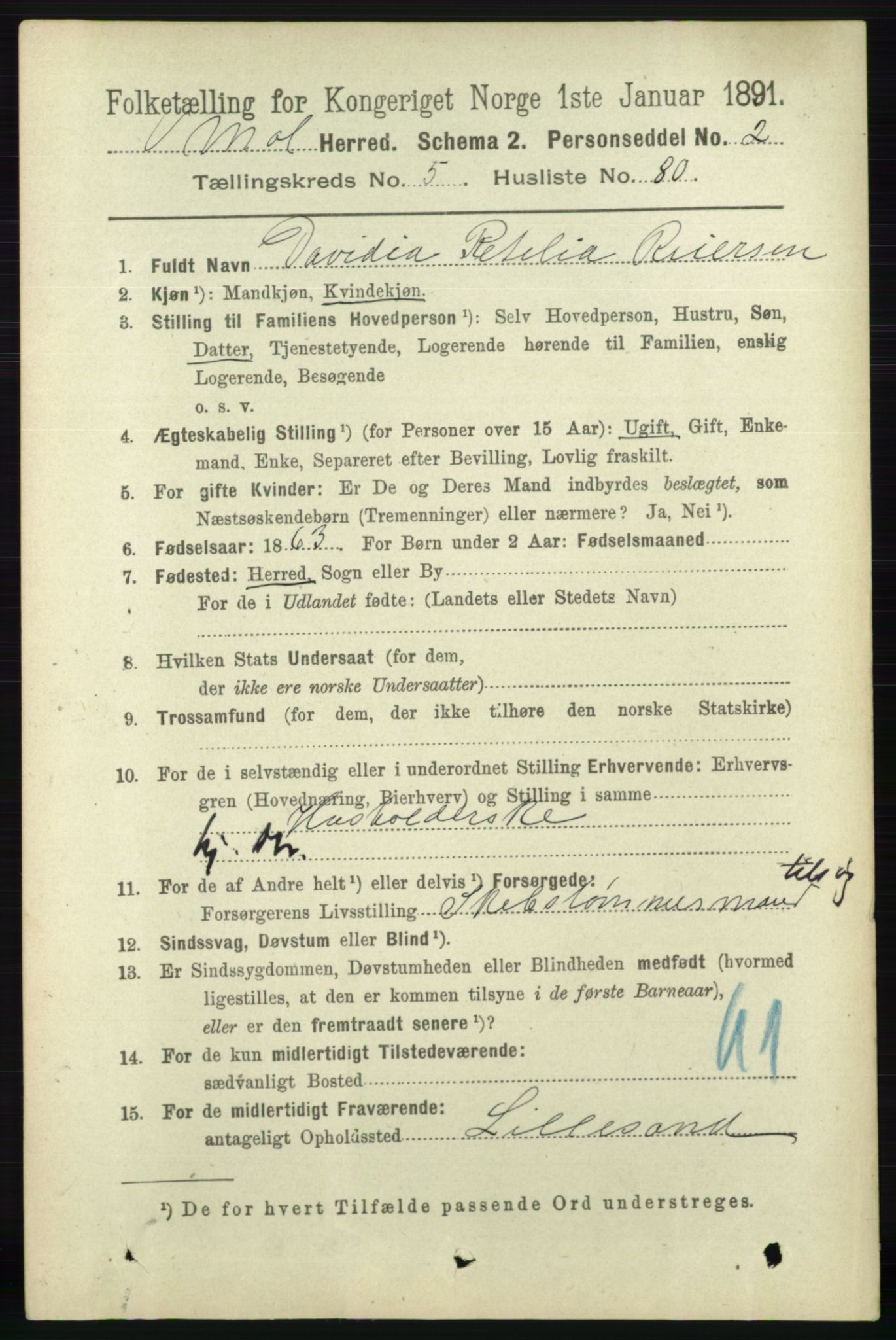 RA, 1891 census for 0926 Vestre Moland, 1891, p. 2267