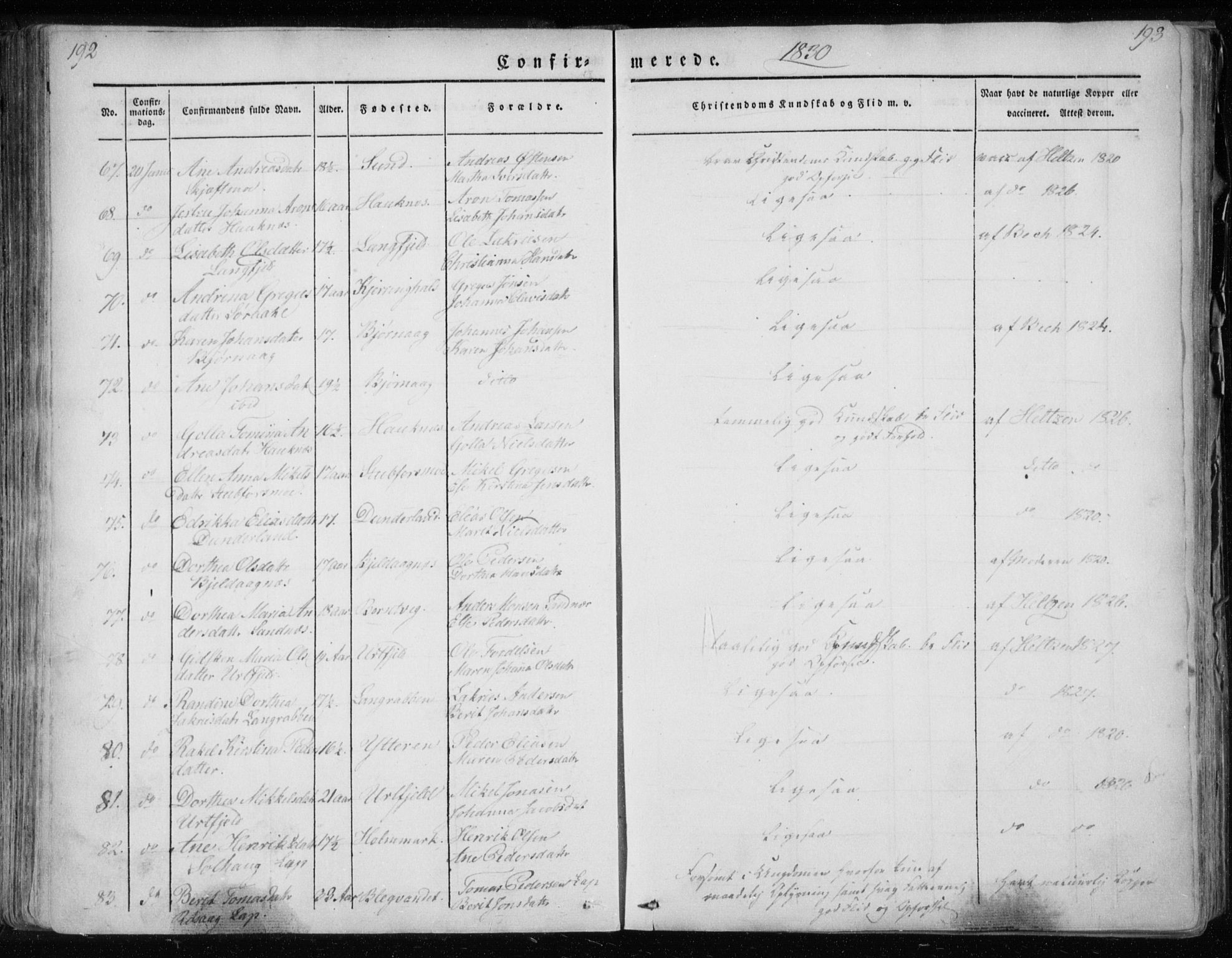 Ministerialprotokoller, klokkerbøker og fødselsregistre - Nordland, AV/SAT-A-1459/825/L0354: Parish register (official) no. 825A08, 1826-1841, p. 192-193