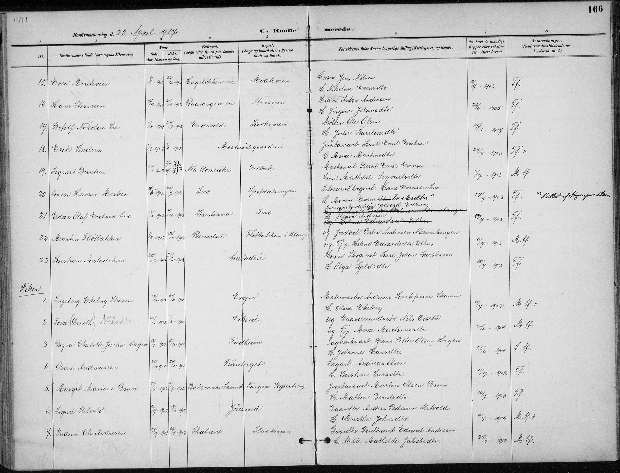 Stange prestekontor, AV/SAH-PREST-002/K/L0023: Parish register (official) no. 23, 1897-1920, p. 166