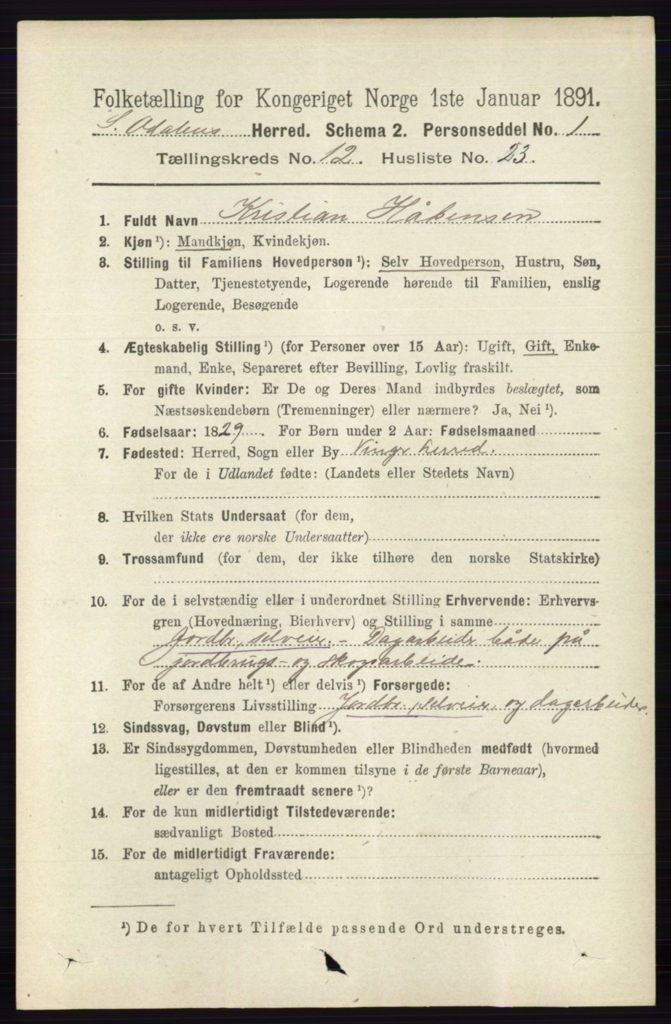 RA, 1891 census for 0419 Sør-Odal, 1891, p. 5498