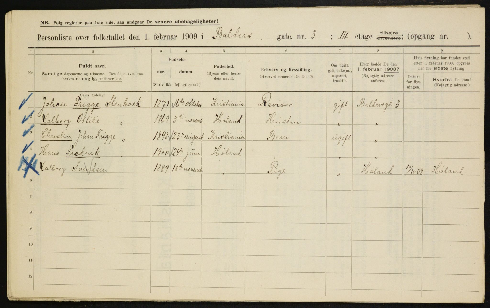 OBA, Municipal Census 1909 for Kristiania, 1909, p. 2800