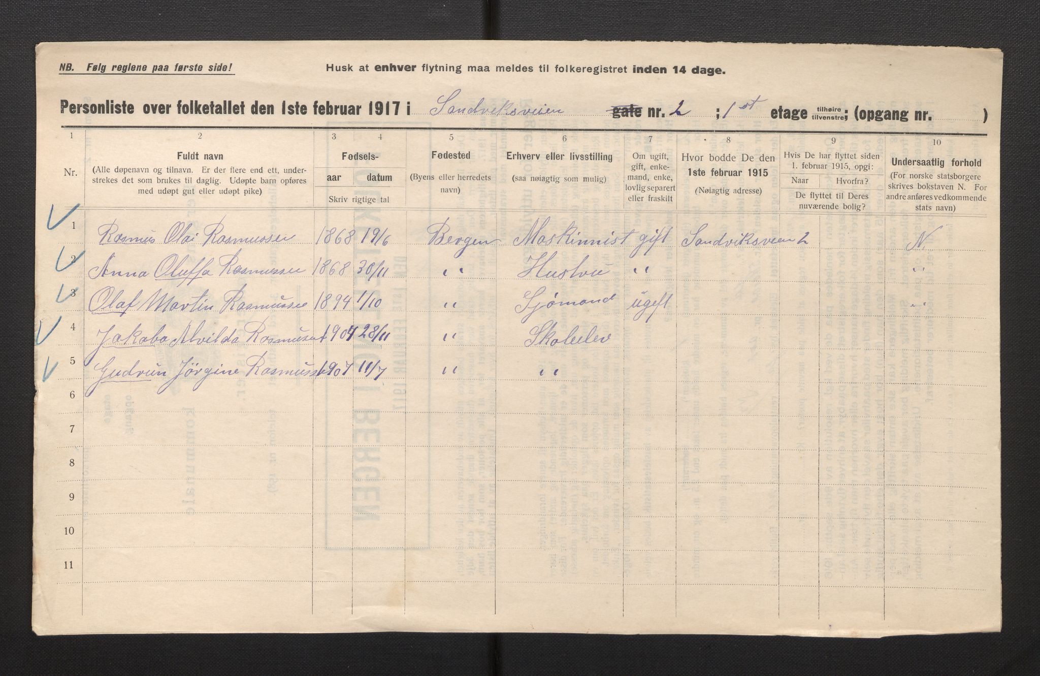 SAB, Municipal Census 1917 for Bergen, 1917, p. 32091