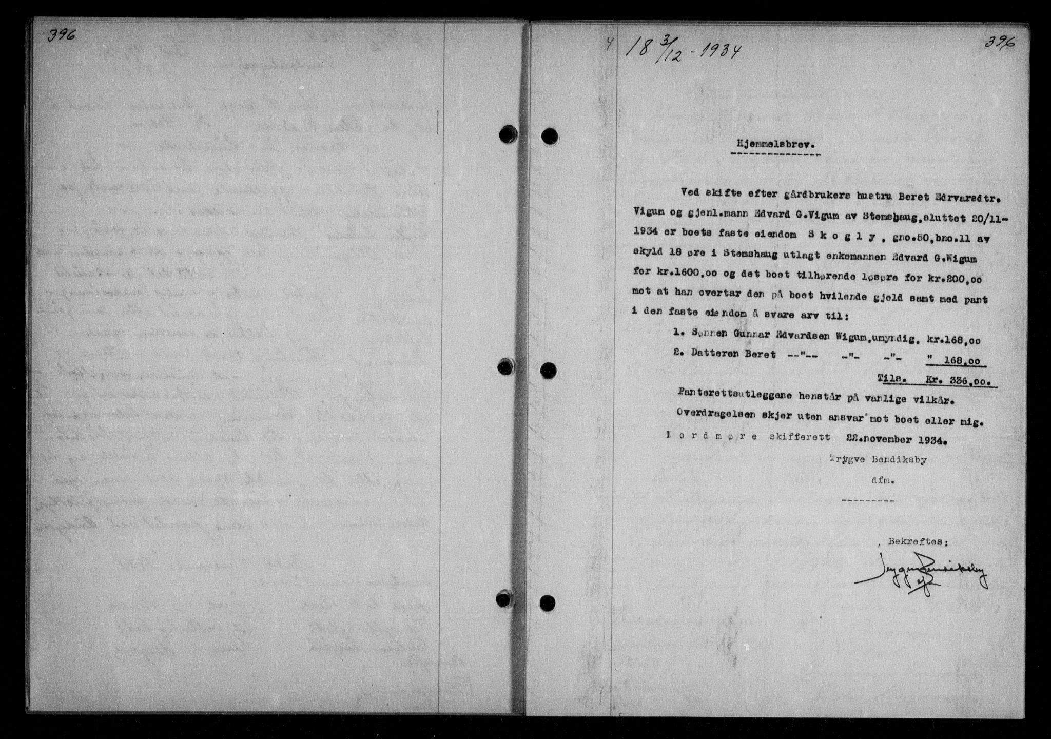 Nordmøre sorenskriveri, AV/SAT-A-4132/1/2/2Ca/L0082: Mortgage book no. 72, 1934-1934, Deed date: 03.12.1934