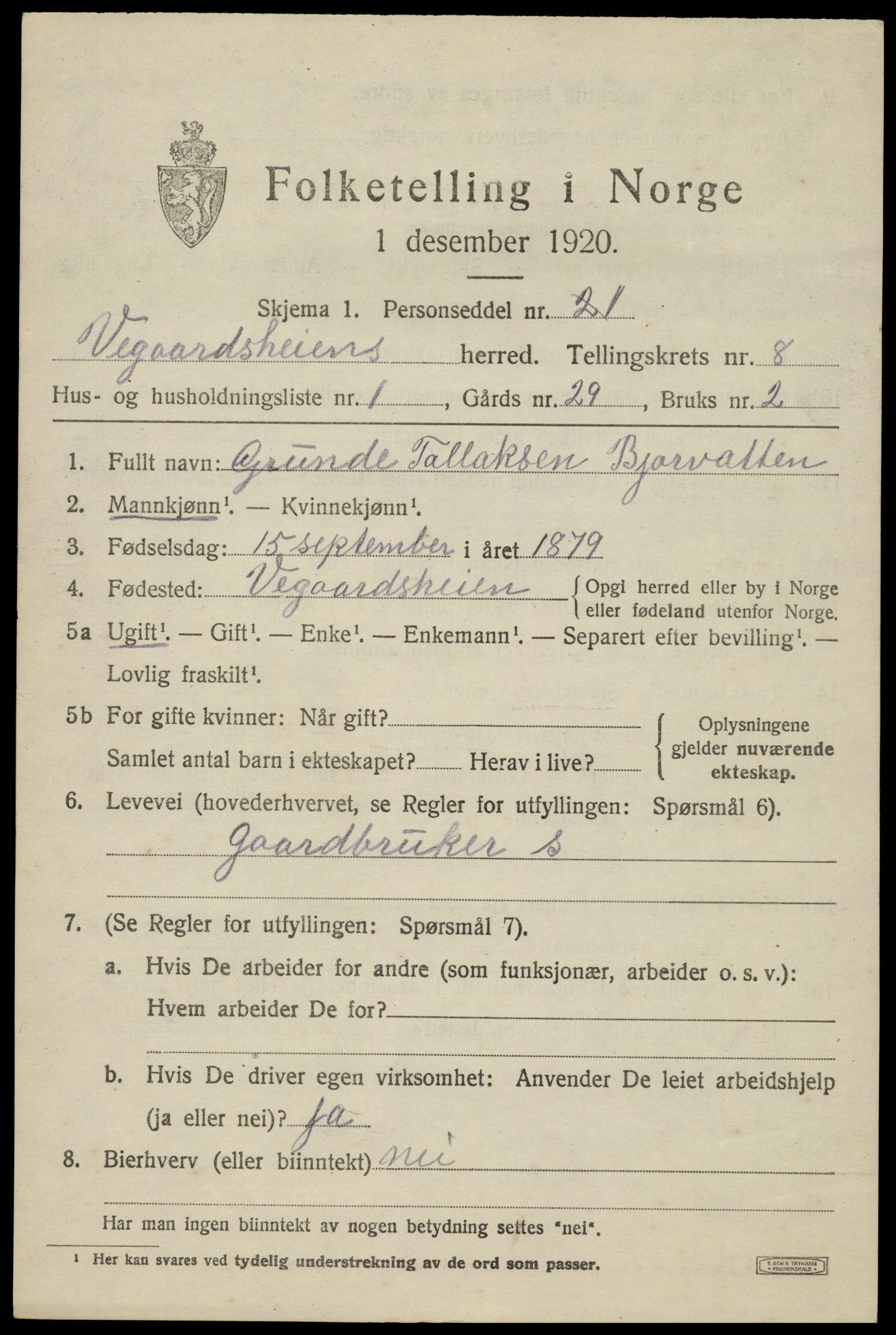 SAK, 1920 census for Vegårshei, 1920, p. 2744