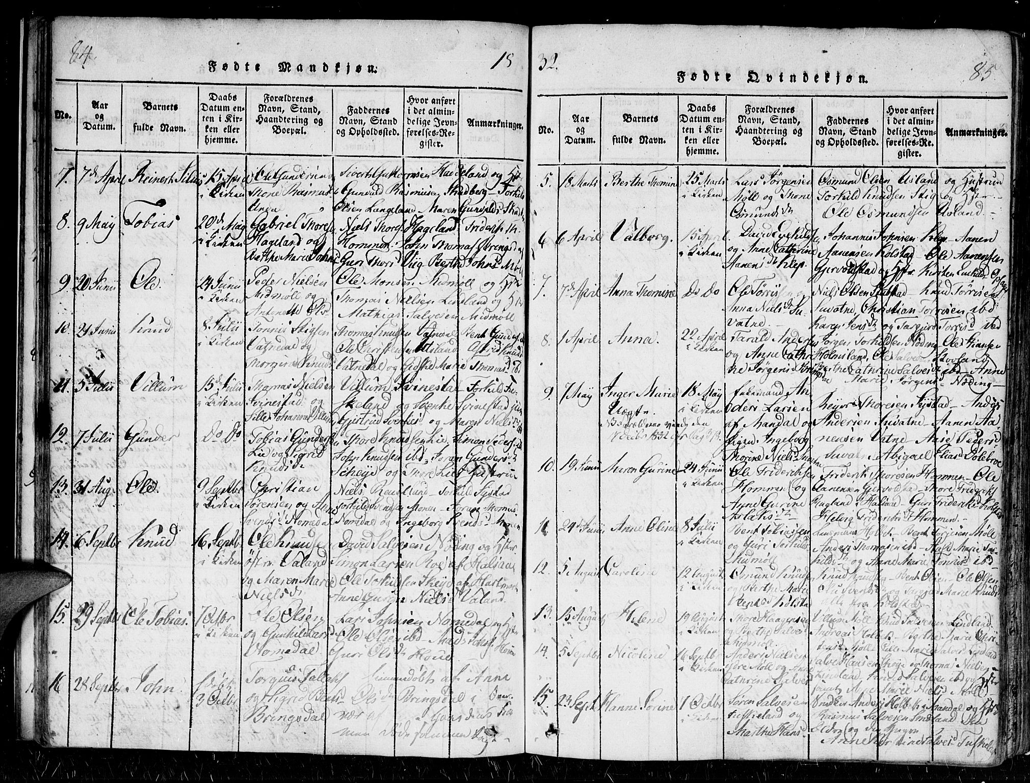 Holum sokneprestkontor, AV/SAK-1111-0022/F/Fa/Faa/L0004: Parish register (official) no. A 4, 1820-1849, p. 84-85