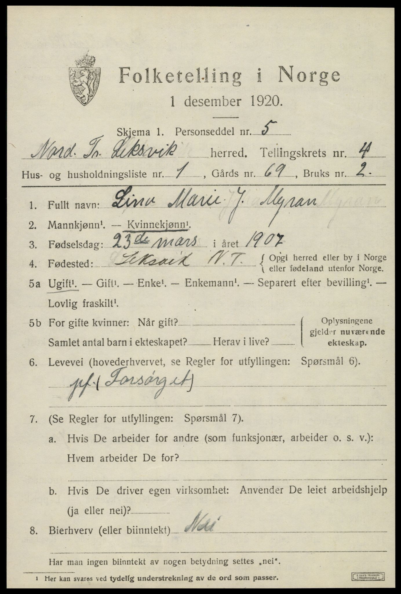 SAT, 1920 census for Leksvik, 1920, p. 3514