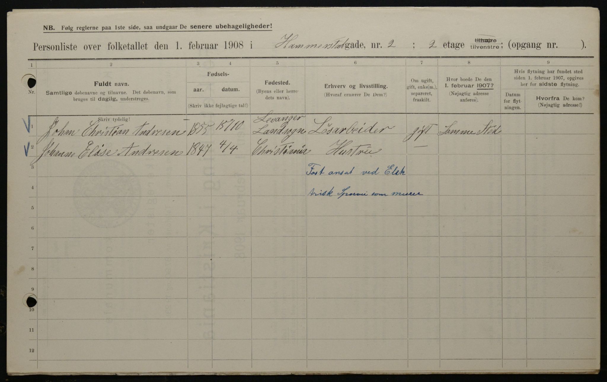 OBA, Municipal Census 1908 for Kristiania, 1908, p. 31137