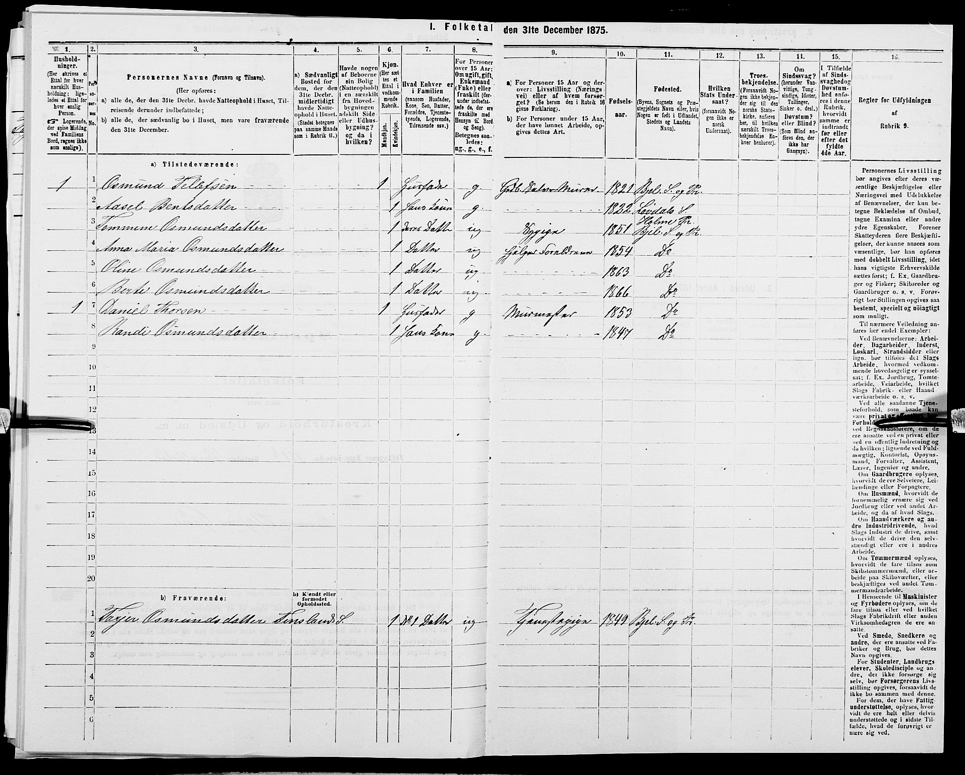 SAK, 1875 census for 1024P Bjelland, 1875, p. 263