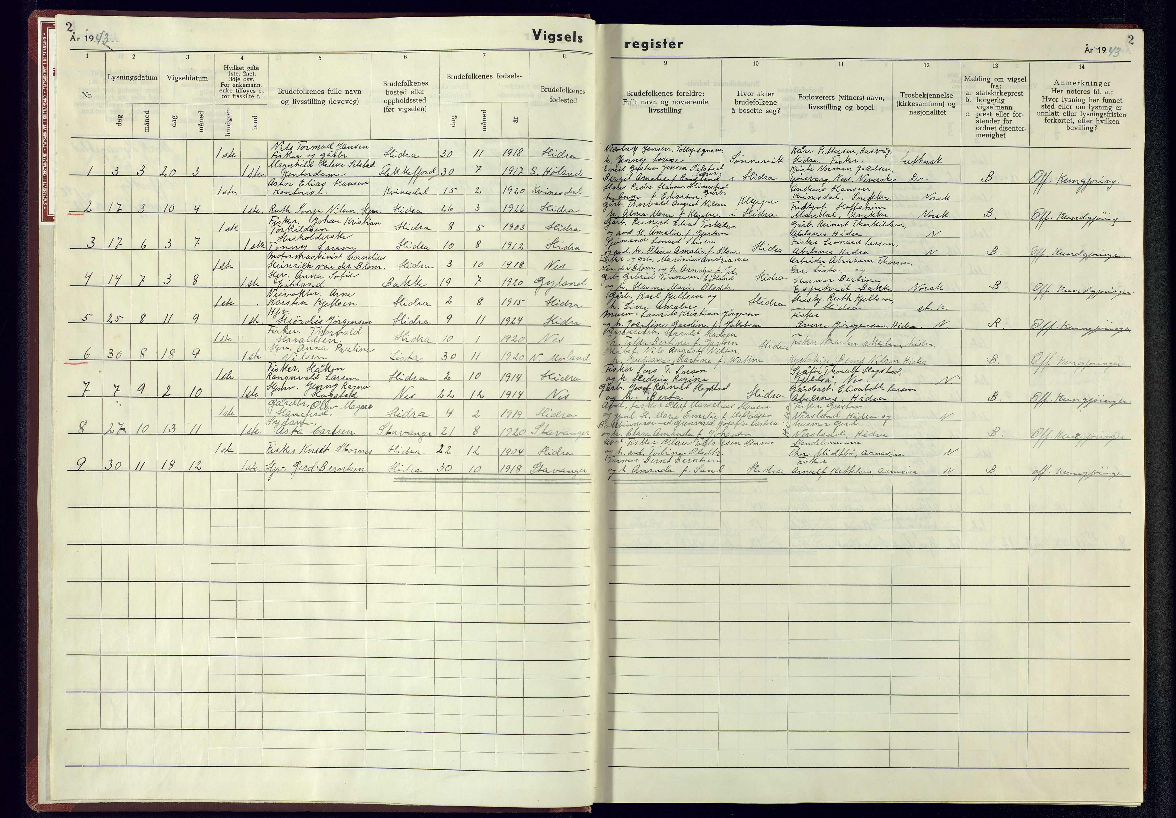 Flekkefjord sokneprestkontor, SAK/1111-0012/J/Jb/L0006: Marriage register no. A-VI-7, 1942-1945, p. 2
