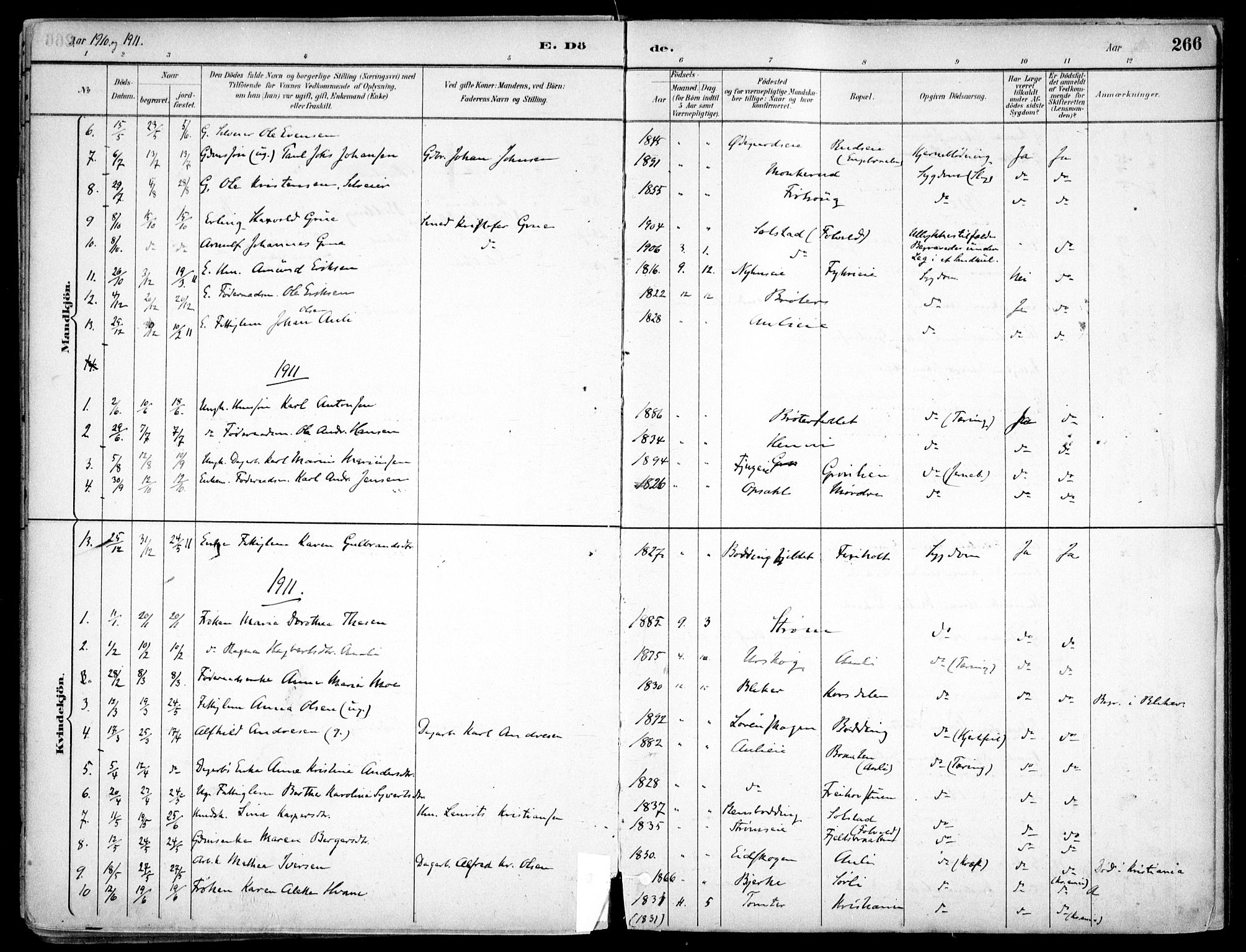 Nes prestekontor Kirkebøker, SAO/A-10410/F/Fc/L0002: Parish register (official) no. IIi 2, 1882-1916, p. 266