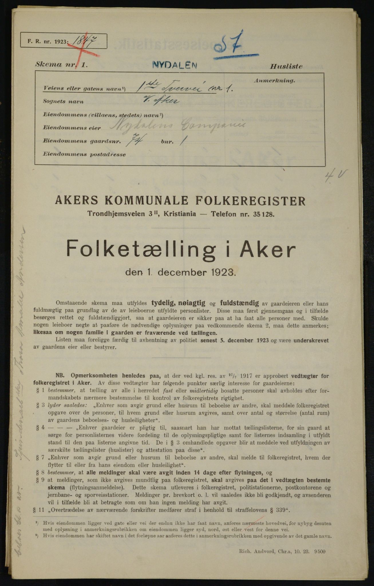 , Municipal Census 1923 for Aker, 1923, p. 19914