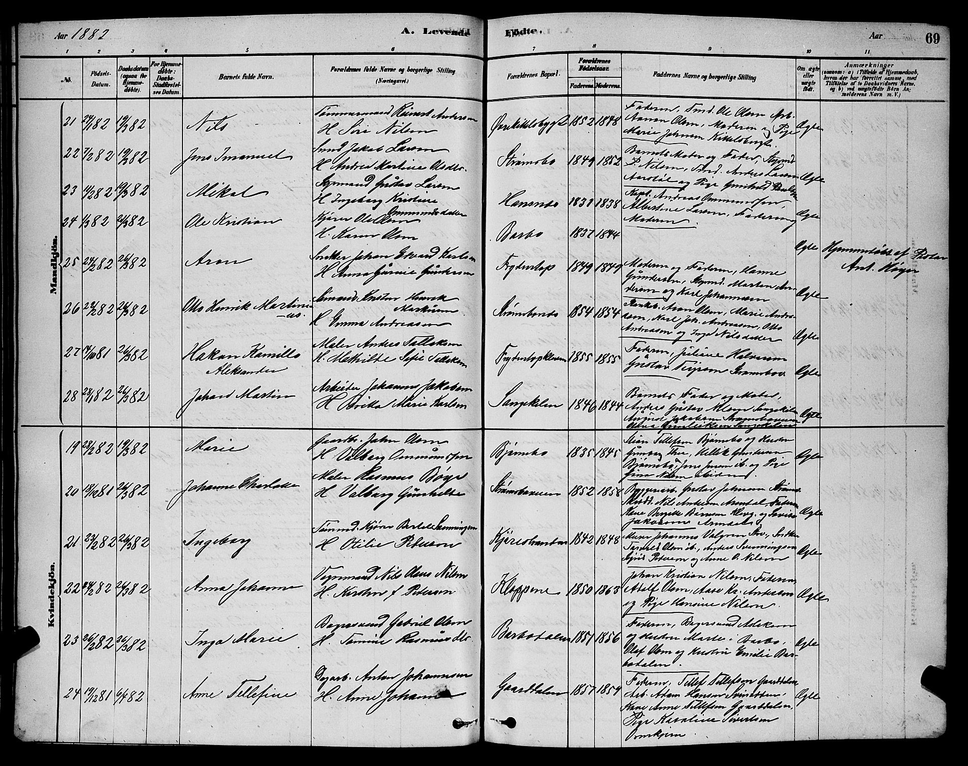 Barbu sokneprestkontor, AV/SAK-1111-0003/F/Fb/L0001: Parish register (copy) no. B 1, 1878-1890, p. 69