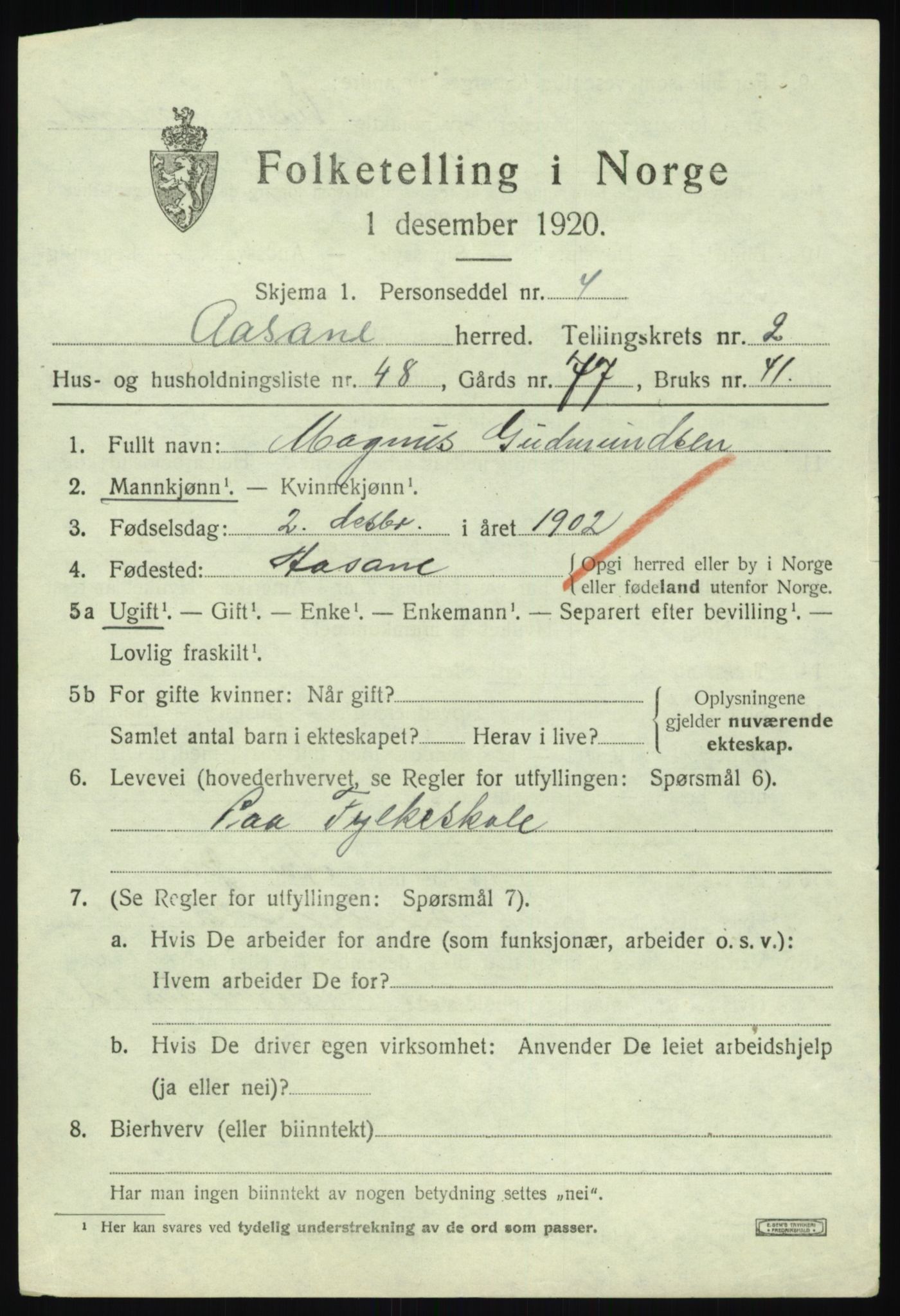 SAB, 1920 census for Åsane, 1920, p. 1997