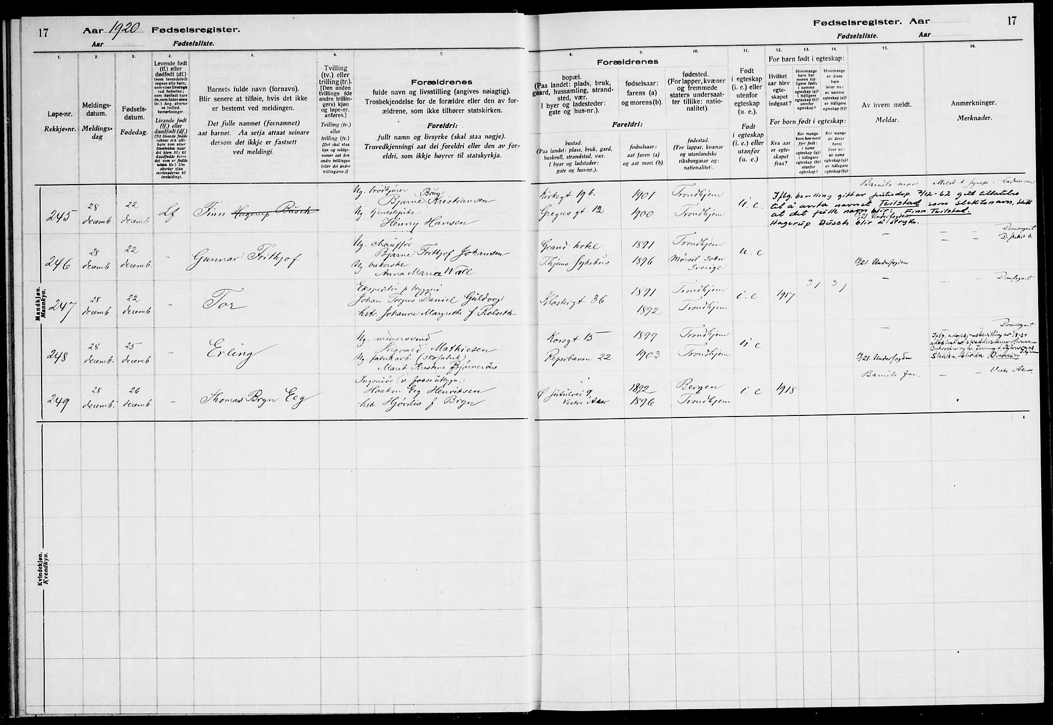 Ministerialprotokoller, klokkerbøker og fødselsregistre - Sør-Trøndelag, SAT/A-1456/600/L0003: Birth register no. 600.II.4.2, 1920-1924, p. 17