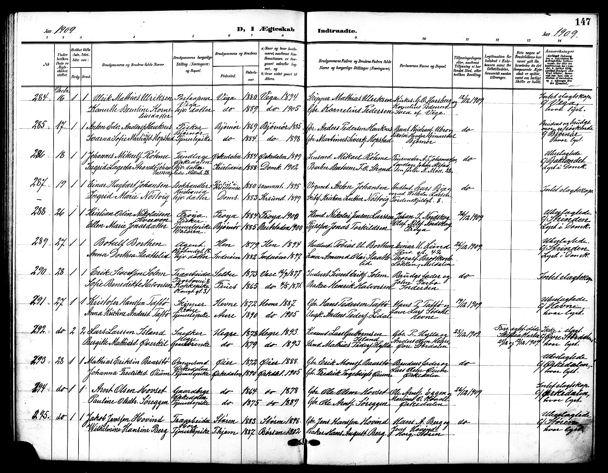 Ministerialprotokoller, klokkerbøker og fødselsregistre - Sør-Trøndelag, SAT/A-1456/601/L0095: Parish register (copy) no. 601C13, 1902-1911, p. 147