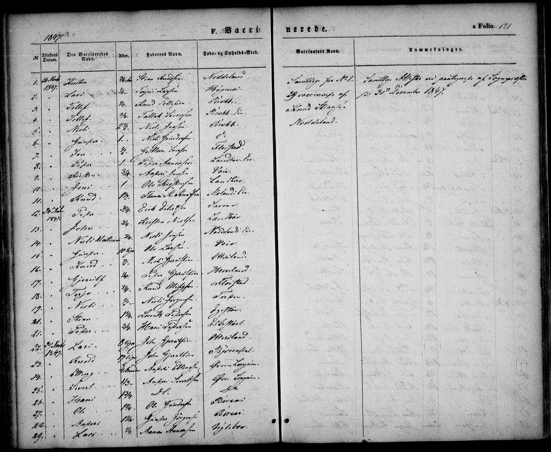 Austre Moland sokneprestkontor, SAK/1111-0001/F/Fa/Faa/L0007: Parish register (official) no. A 7, 1847-1857, p. 121