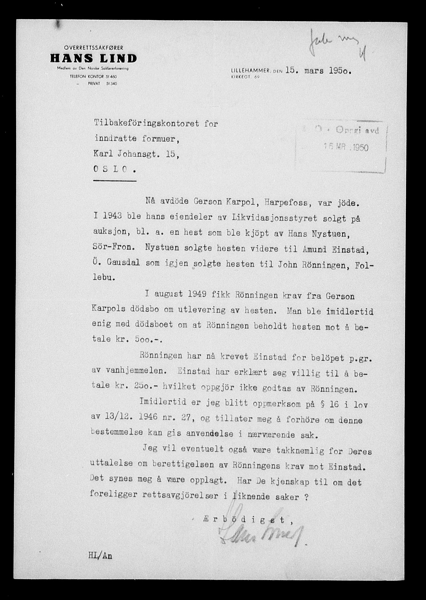 Justisdepartementet, Tilbakeføringskontoret for inndratte formuer, AV/RA-S-1564/H/Hc/Hcc/L0949: --, 1945-1947, p. 458