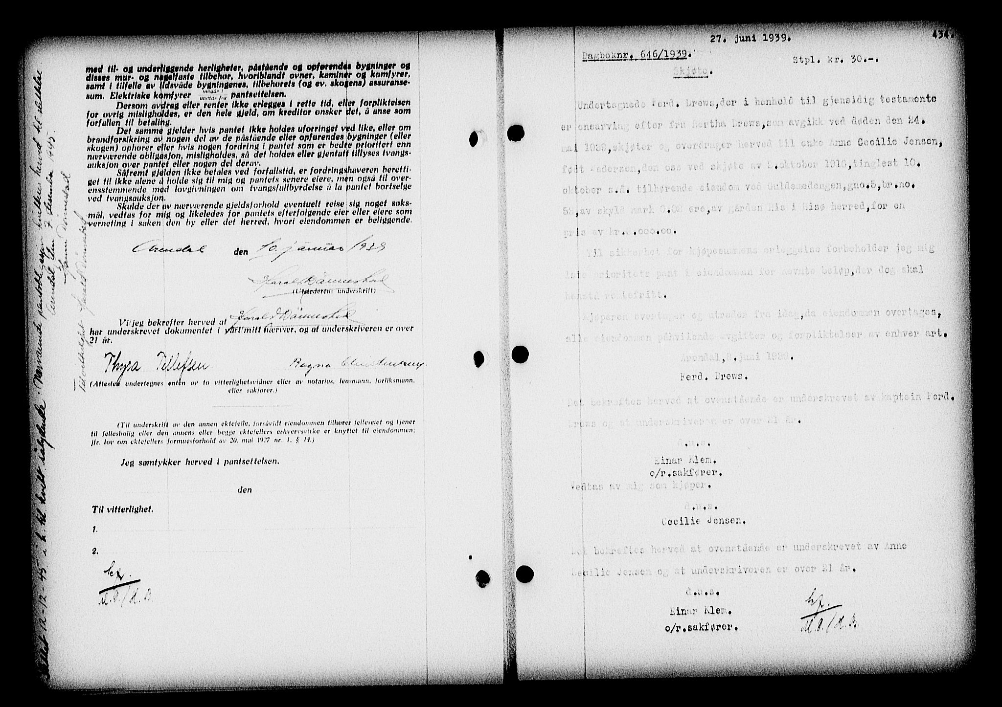 Nedenes sorenskriveri, SAK/1221-0006/G/Gb/Gba/L0046: Mortgage book no. 42, 1938-1939, Diary no: : 646/1939