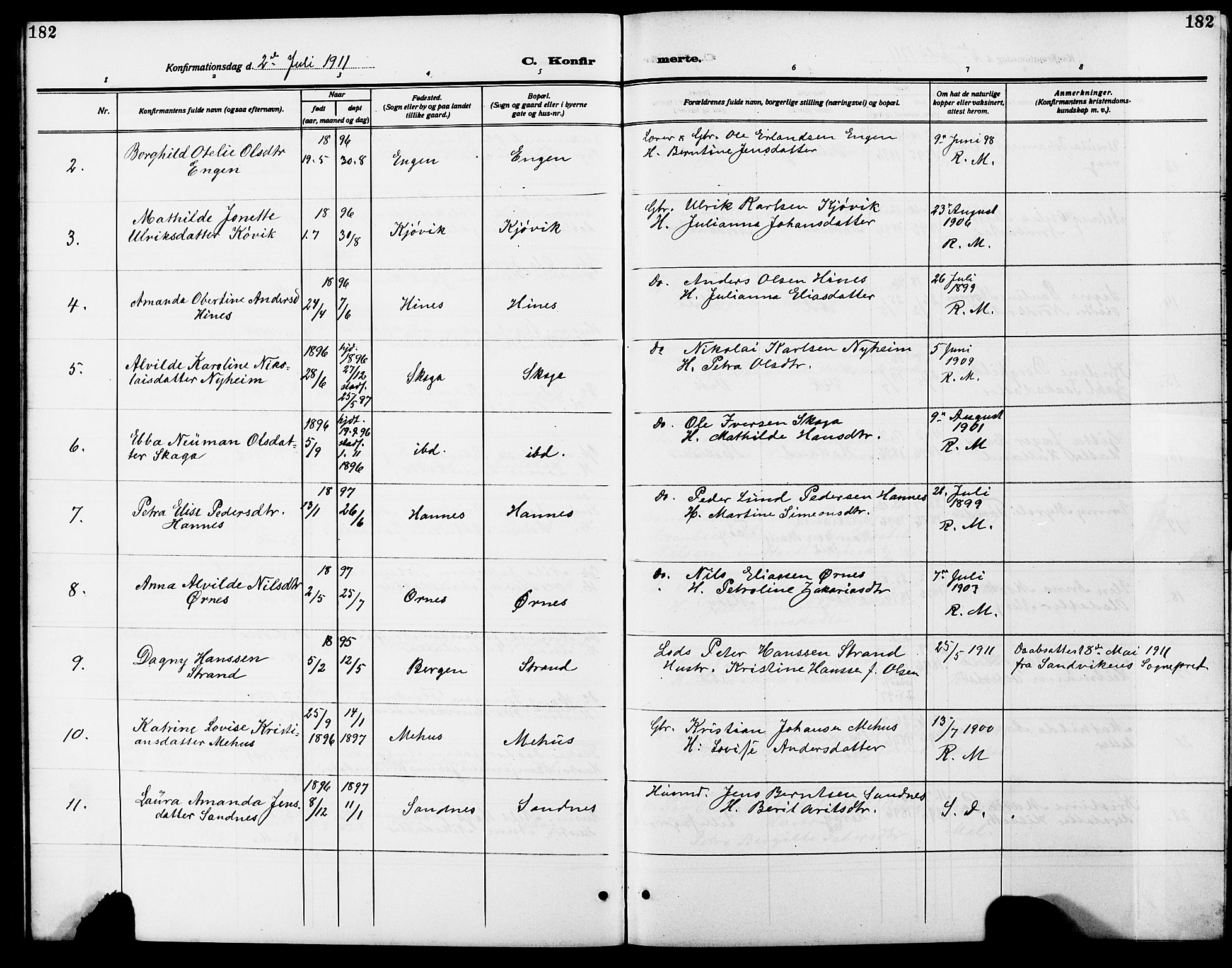 Ministerialprotokoller, klokkerbøker og fødselsregistre - Nordland, AV/SAT-A-1459/838/L0560: Parish register (copy) no. 838C07, 1910-1928, p. 182