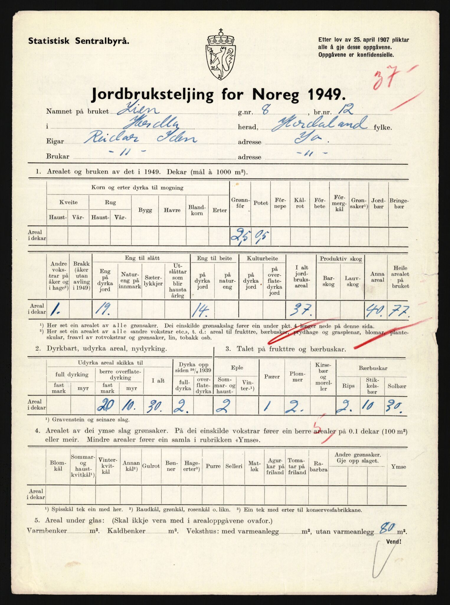 Statistisk sentralbyrå, Næringsøkonomiske emner, Jordbruk, skogbruk, jakt, fiske og fangst, AV/RA-S-2234/G/Gc/L0276: Hordaland: Herdla og Hjelme, 1949, p. 1074