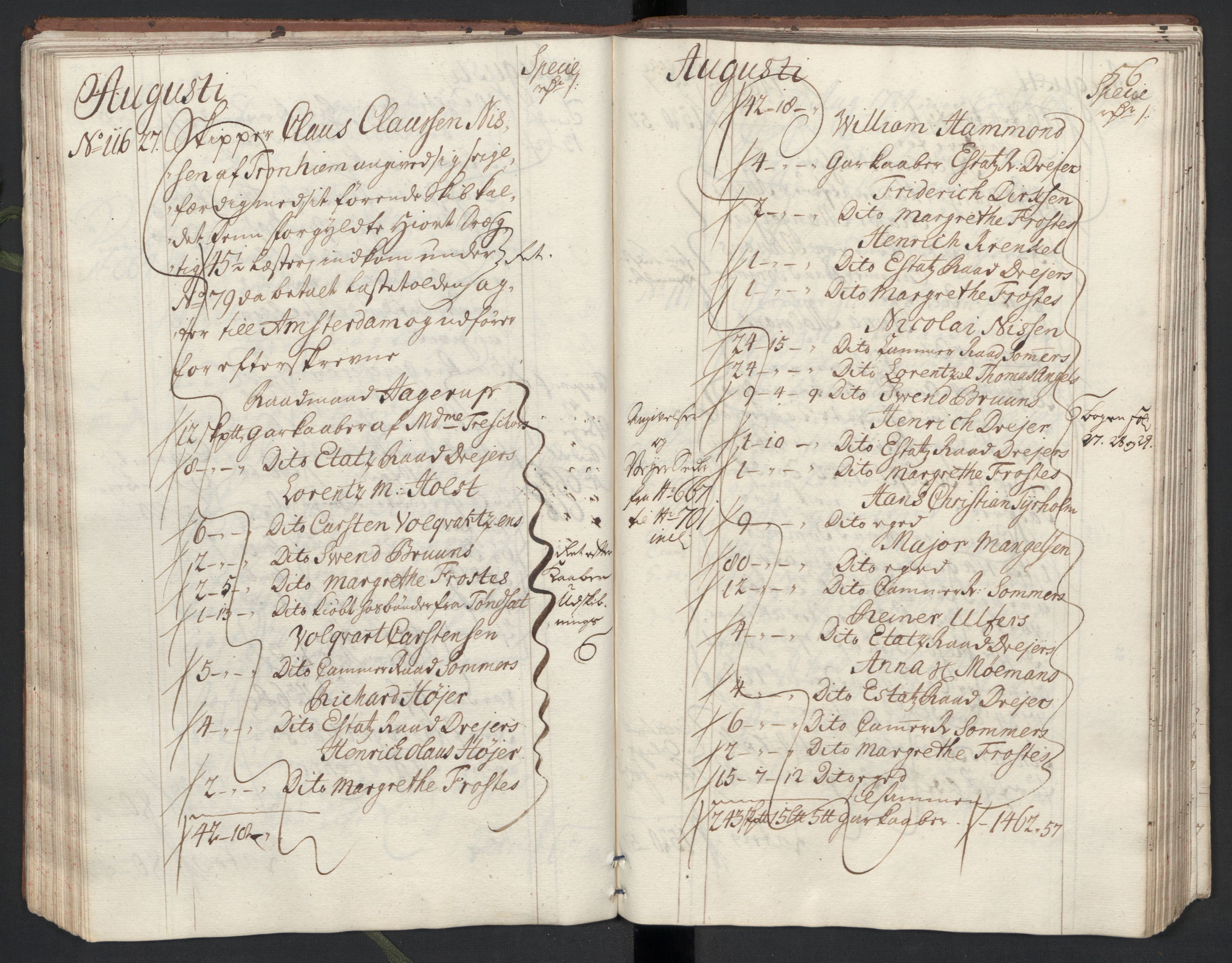 Generaltollkammeret, tollregnskaper, RA/EA-5490/R33/L0013/0002: Tollregnskaper Trondheim A / Utgående tollbok, 1731, p. 55b-56a