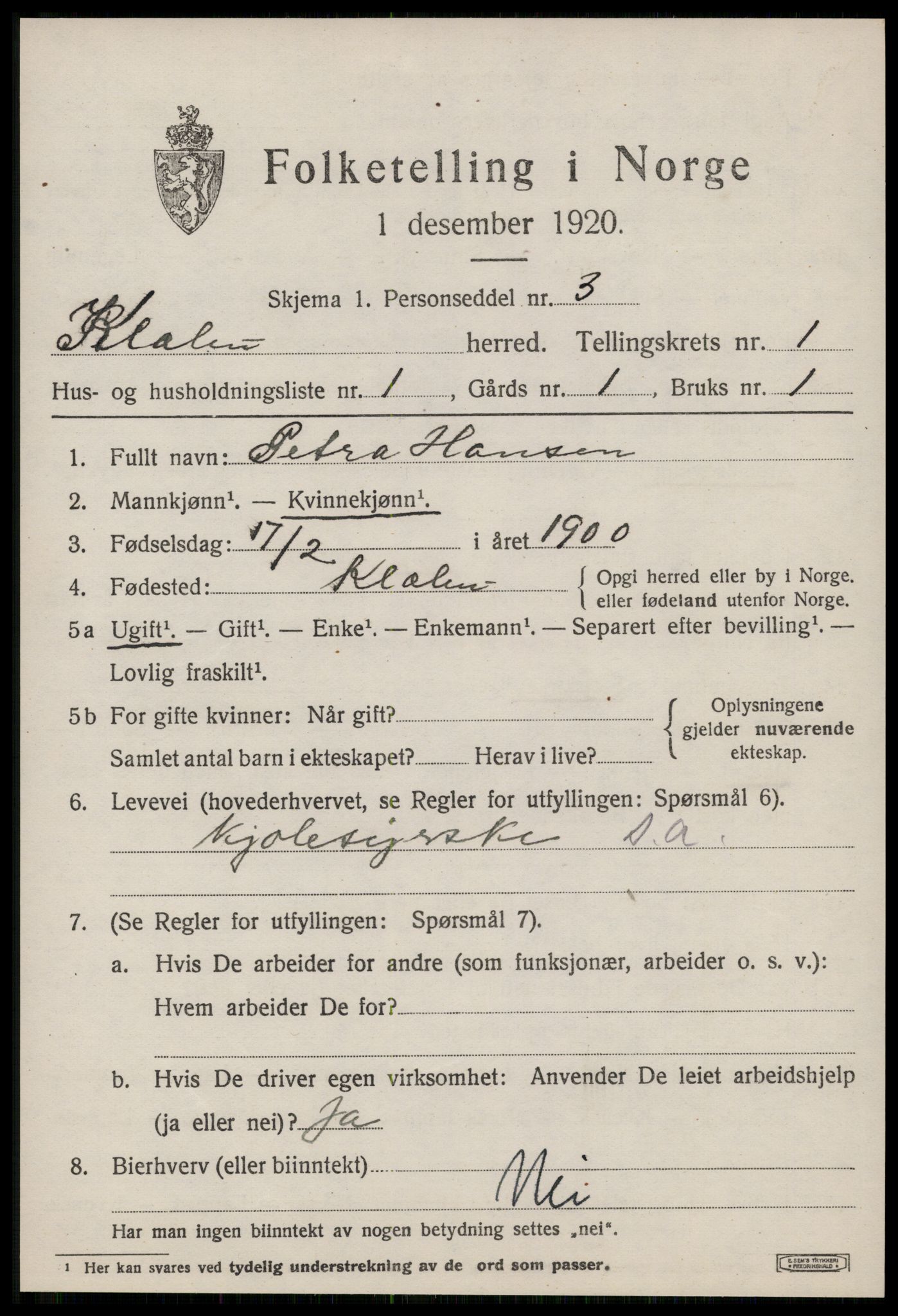 SAT, 1920 census for Klæbu, 1920, p. 356