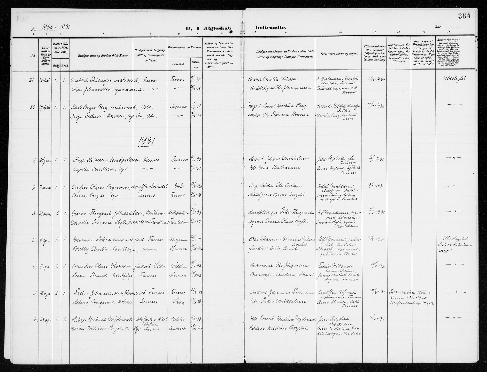 Furnes prestekontor, SAH/PREST-012/K/Ka/L0001: Parish register (official) no. 1, 1907-1935, p. 364