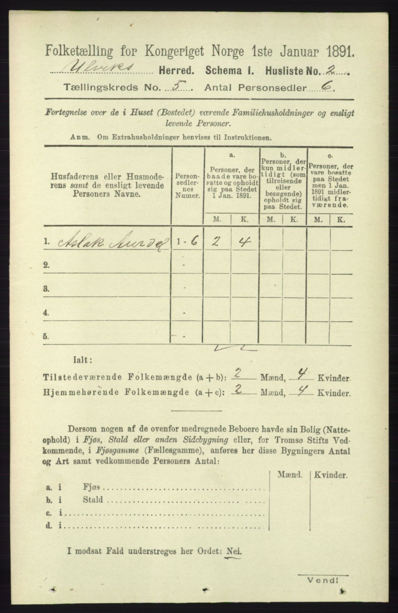 RA, 1891 census for 1233 Ulvik, 1891, p. 1324