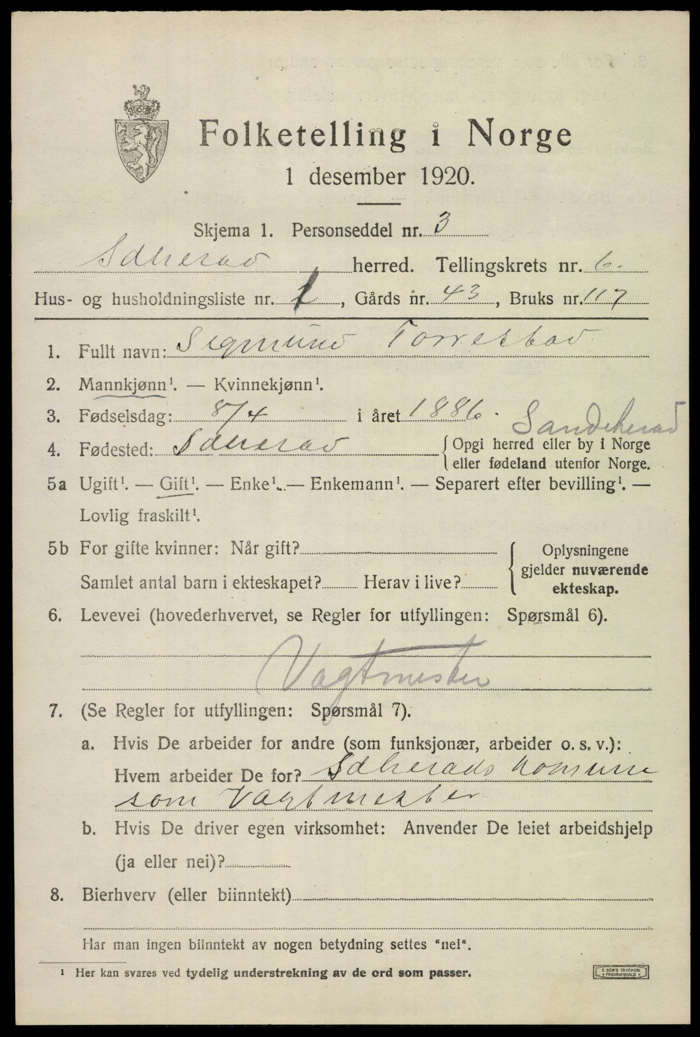 SAKO, 1920 census for Sandeherred, 1920, p. 9562