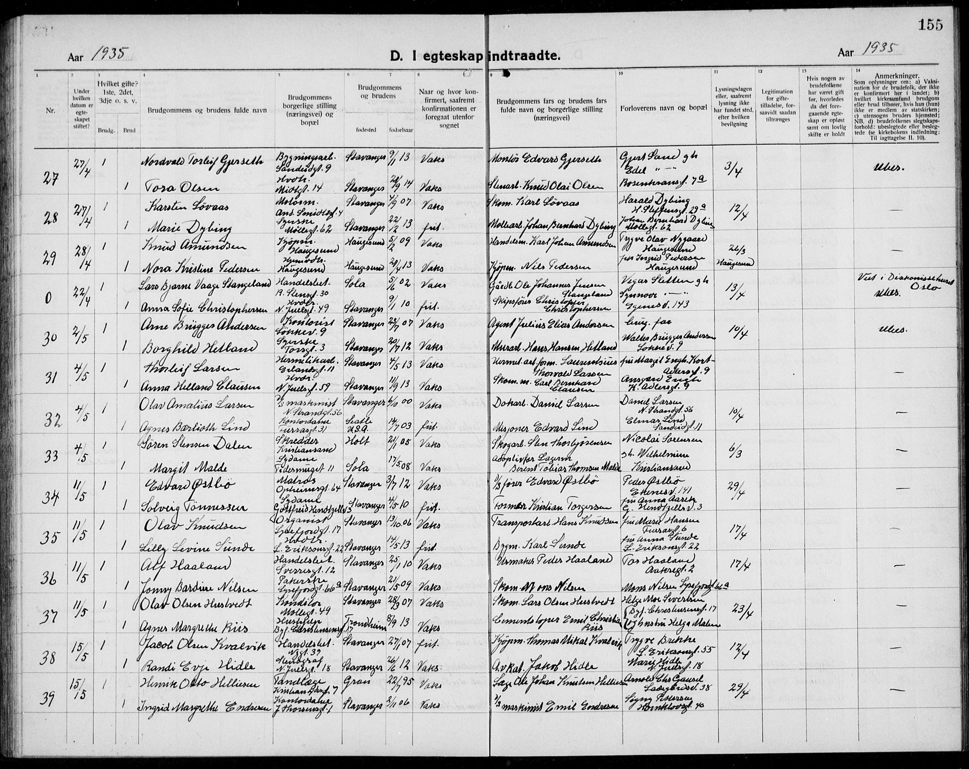 Domkirken sokneprestkontor, AV/SAST-A-101812/001/30/30BB/L0020: Parish register (copy) no. B 20, 1921-1937, p. 155