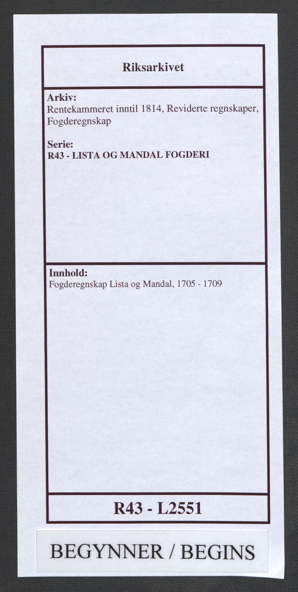 Rentekammeret inntil 1814, Reviderte regnskaper, Fogderegnskap, AV/RA-EA-4092/R43/L2551: Fogderegnskap Lista og Mandal, 1705-1709, p. 1