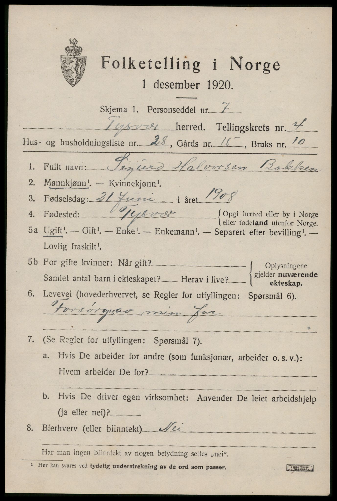 SAST, 1920 census for Tysvær, 1920, p. 1848