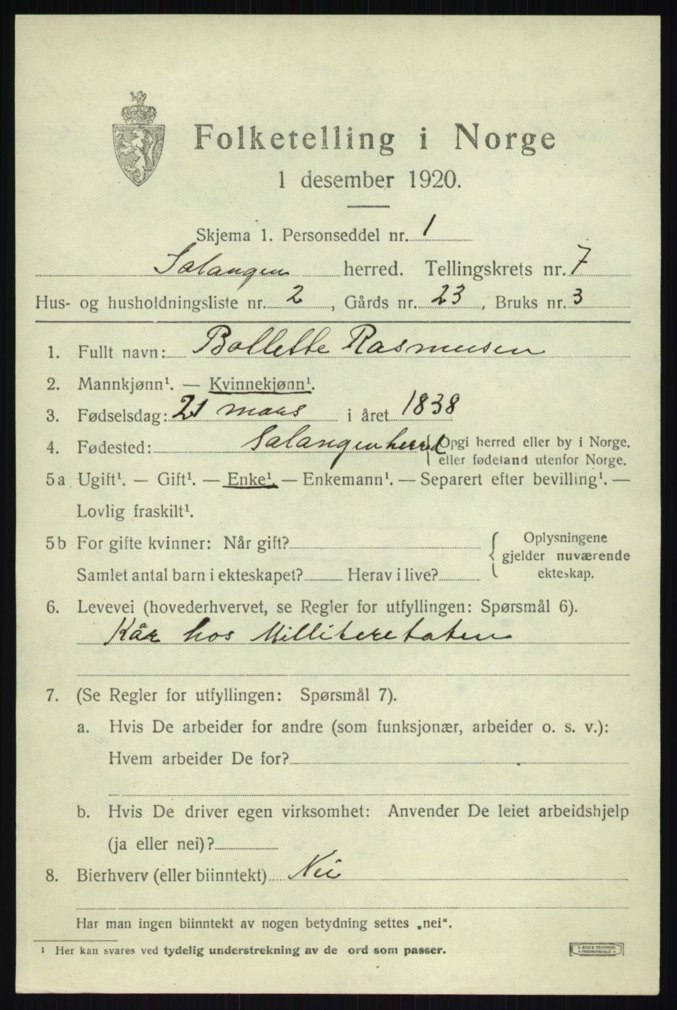 SATØ, 1920 census for Salangen, 1920, p. 4606