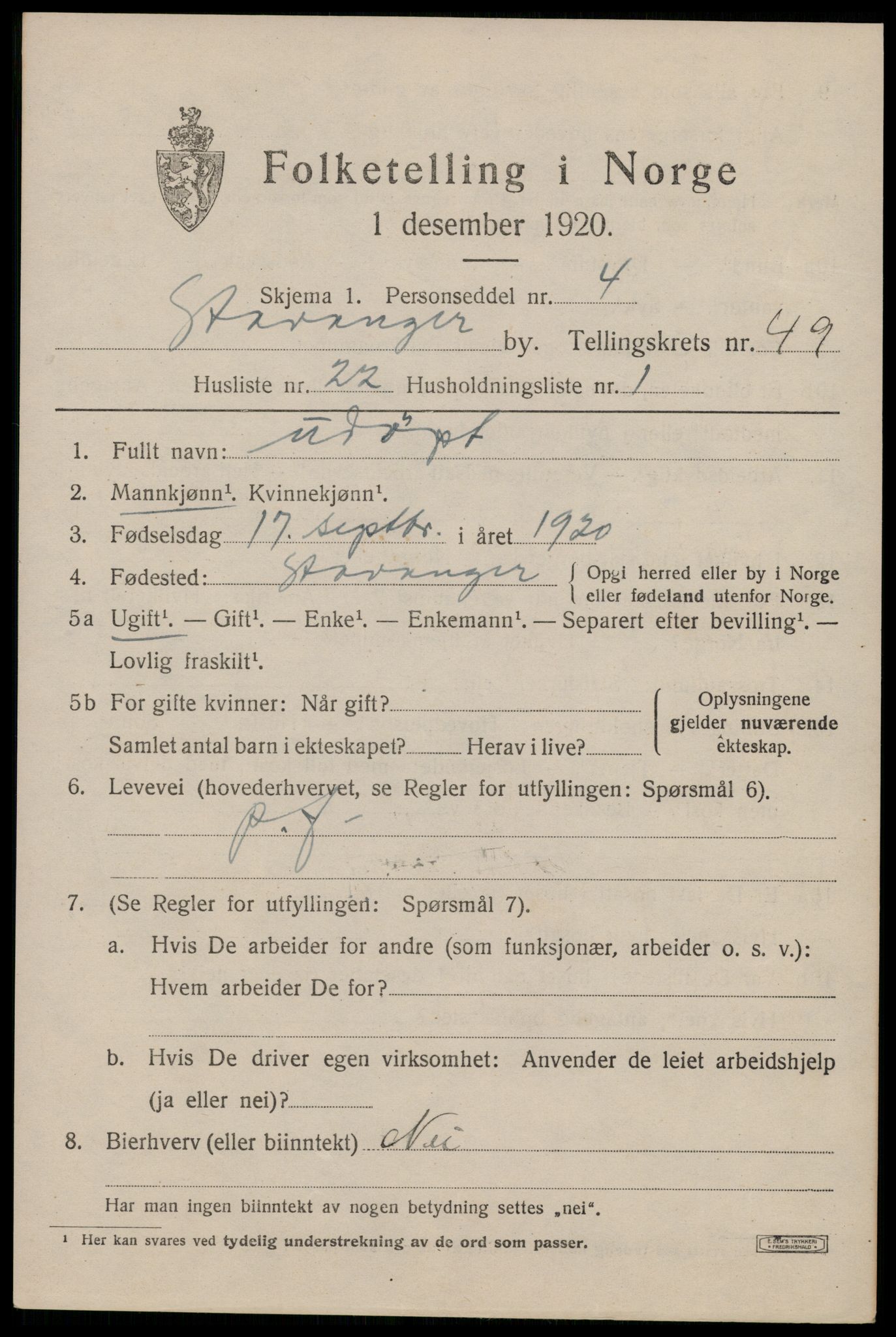 SAST, 1920 census for Stavanger, 1920, p. 118718