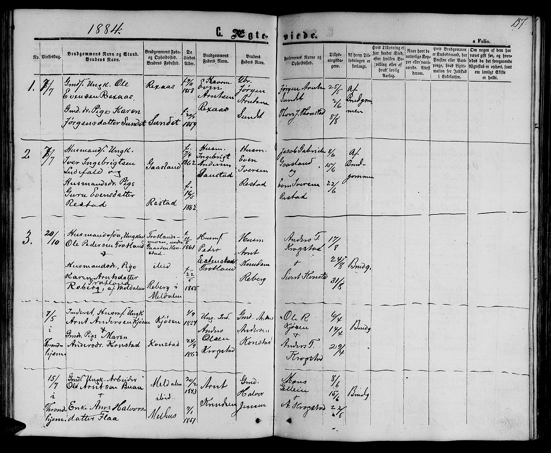 Ministerialprotokoller, klokkerbøker og fødselsregistre - Sør-Trøndelag, SAT/A-1456/694/L1131: Parish register (copy) no. 694C03, 1858-1886, p. 157