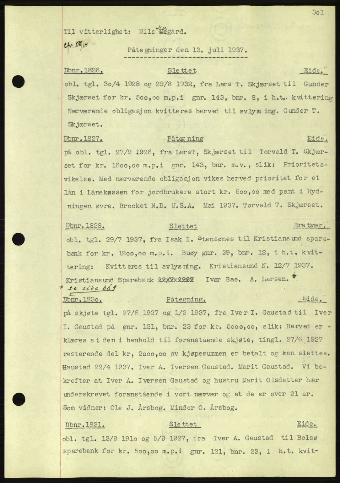 Nordmøre sorenskriveri, AV/SAT-A-4132/1/2/2Ca: Mortgage book no. C80, 1936-1939, Diary no: : 1826/1937