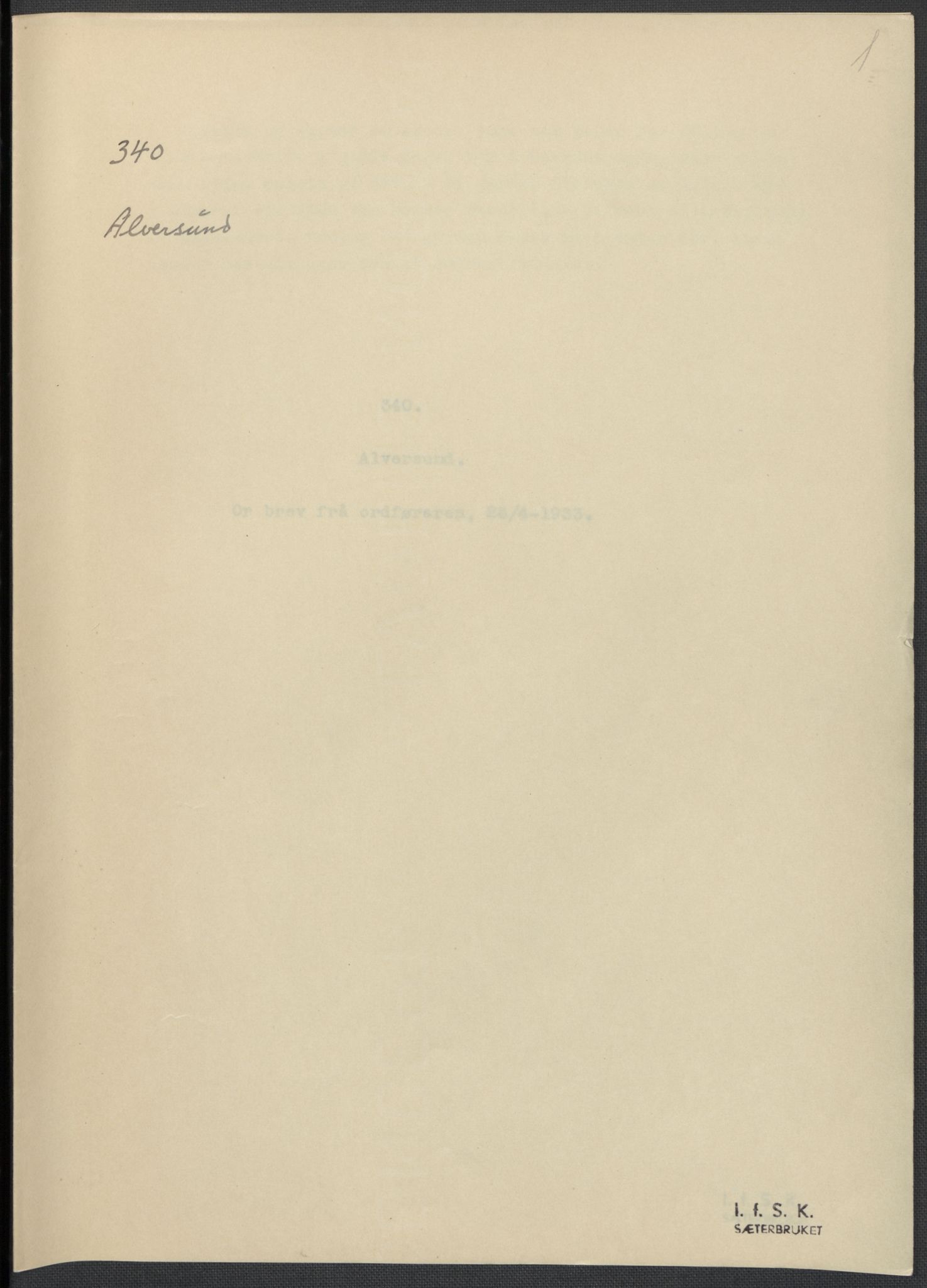 Instituttet for sammenlignende kulturforskning, RA/PA-0424/F/Fc/L0010/0002: Eske B10: / Hordaland (perm XXVI), 1932-1935, p. 1