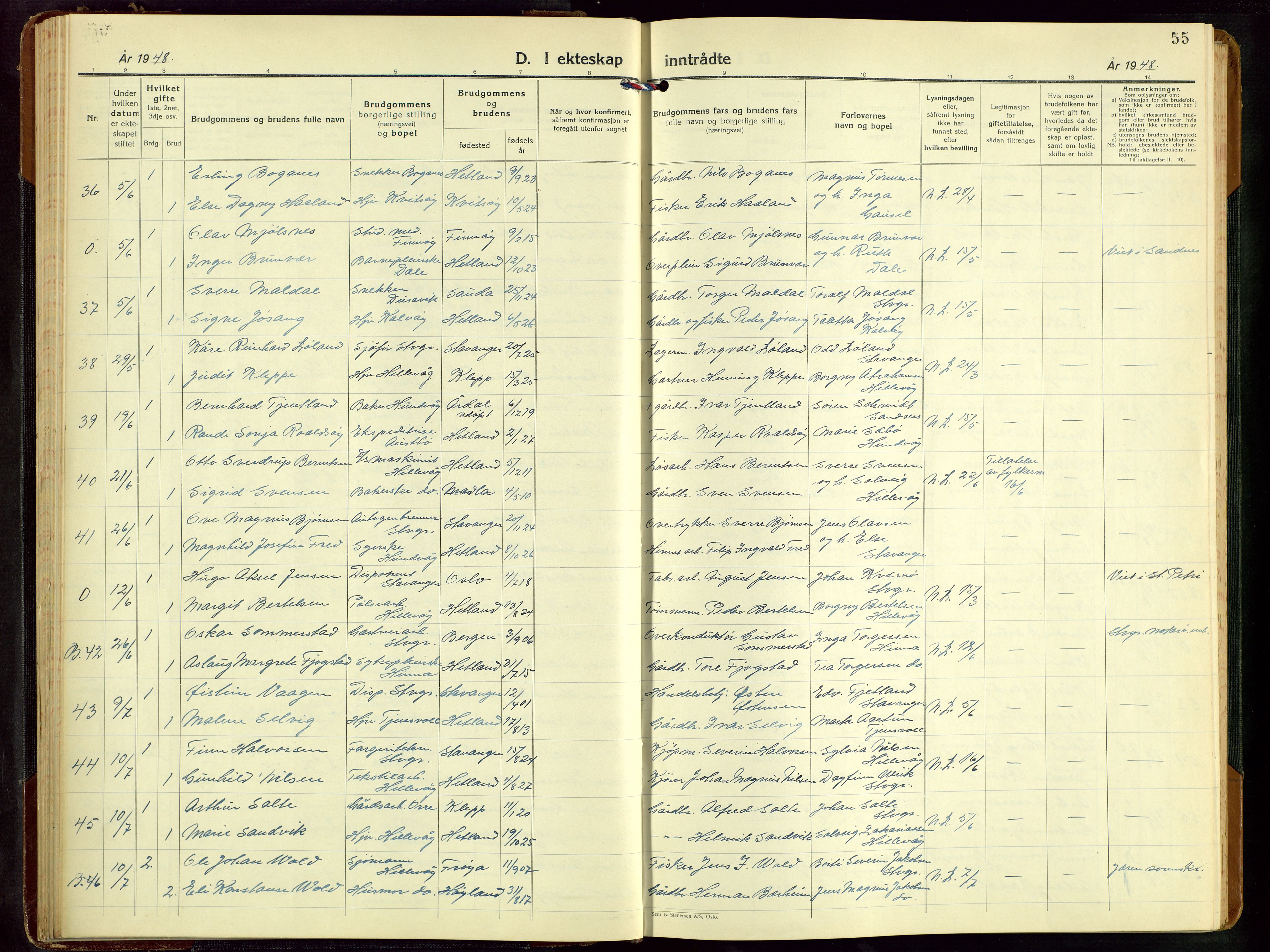 Hetland sokneprestkontor, AV/SAST-A-101826/30/30BB/L0016: Parish register (copy) no. B 16, 1942-1960, p. 55