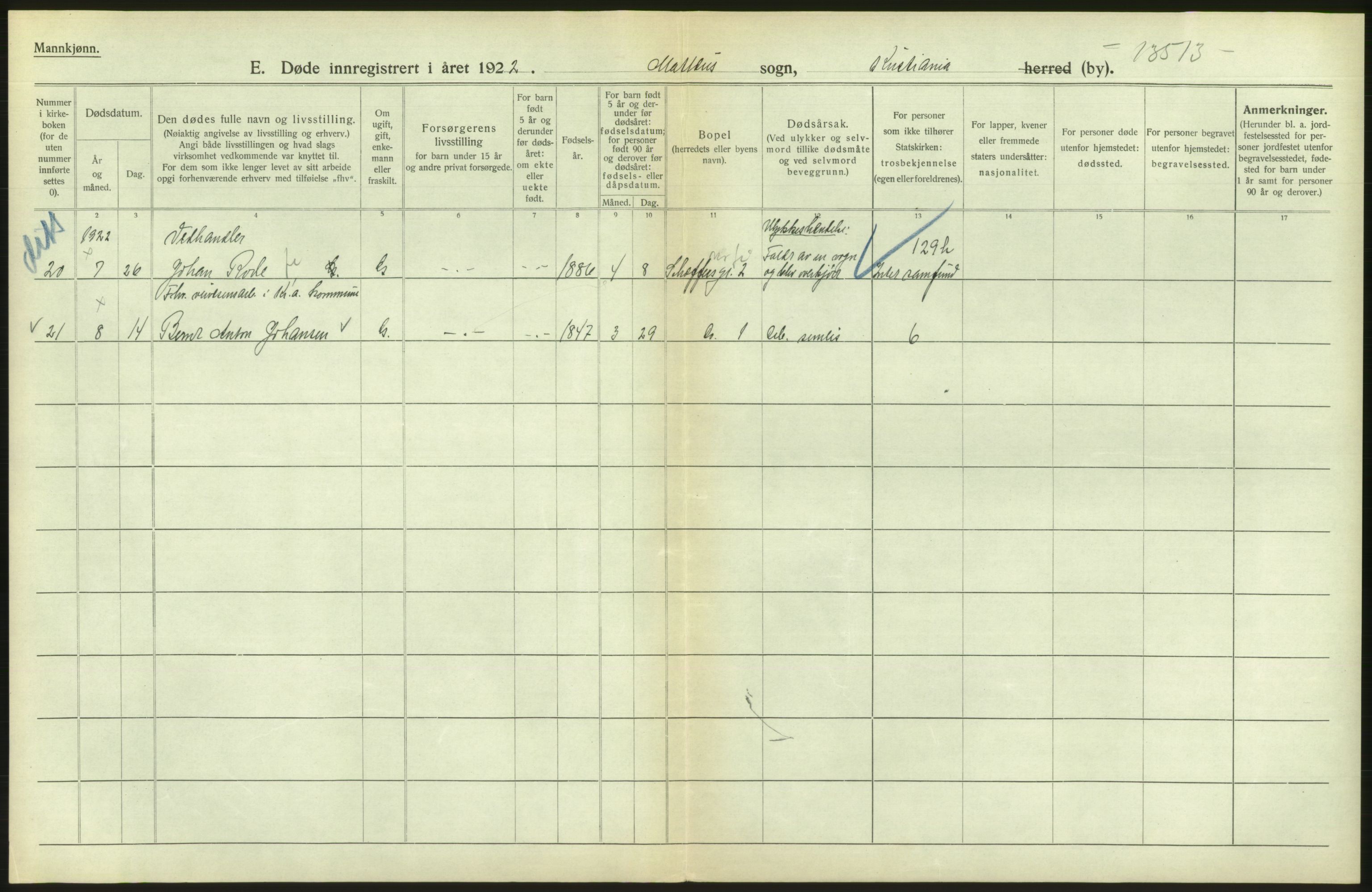 Statistisk sentralbyrå, Sosiodemografiske emner, Befolkning, AV/RA-S-2228/D/Df/Dfc/Dfcb/L0010: Kristiania: Døde, dødfødte, 1922, p. 166