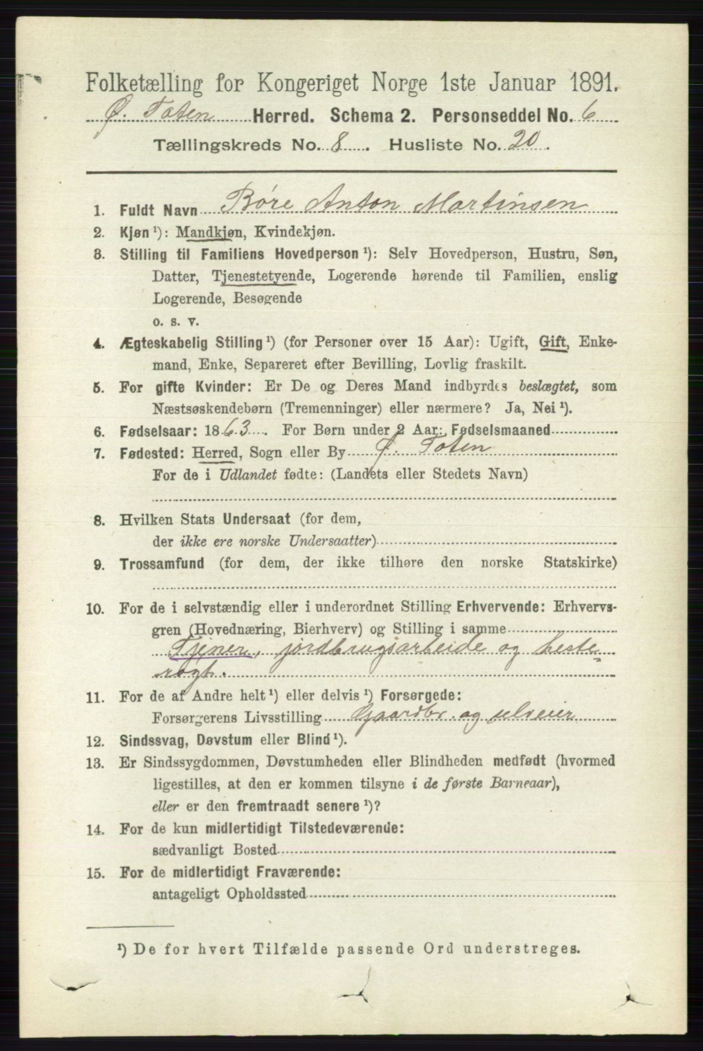 RA, 1891 census for 0528 Østre Toten, 1891, p. 5119