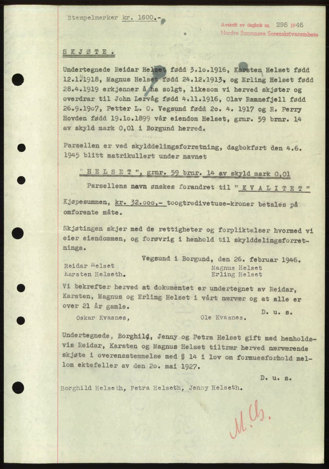 Nordre Sunnmøre sorenskriveri, AV/SAT-A-0006/1/2/2C/2Ca: Mortgage book no. A20b, 1946-1946, Diary no: : 295/1946